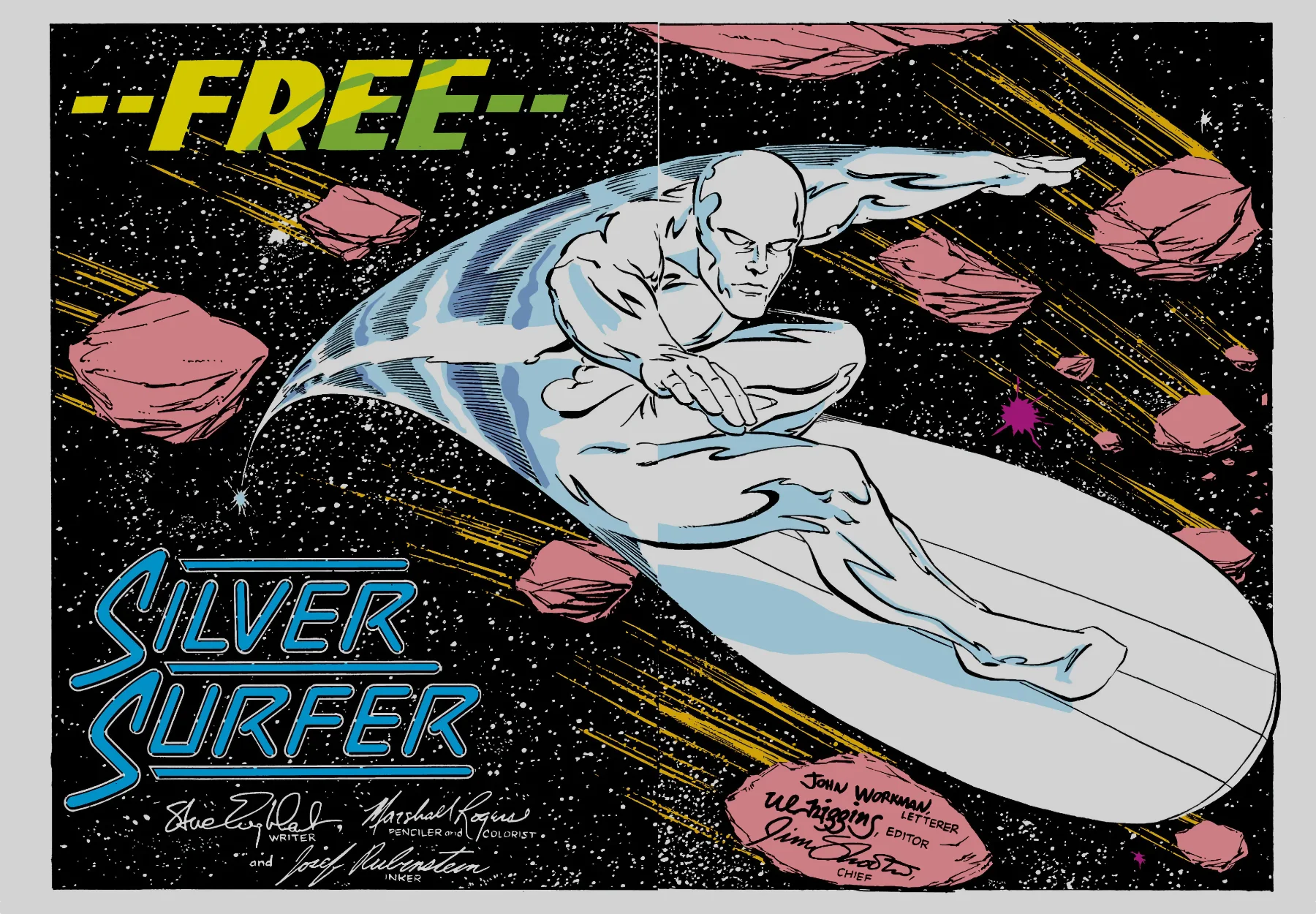 Double-page splash from Silver Surfer vol. 3 #1: the Silver Surfer streaking through an asteroid field beneath the title Free!