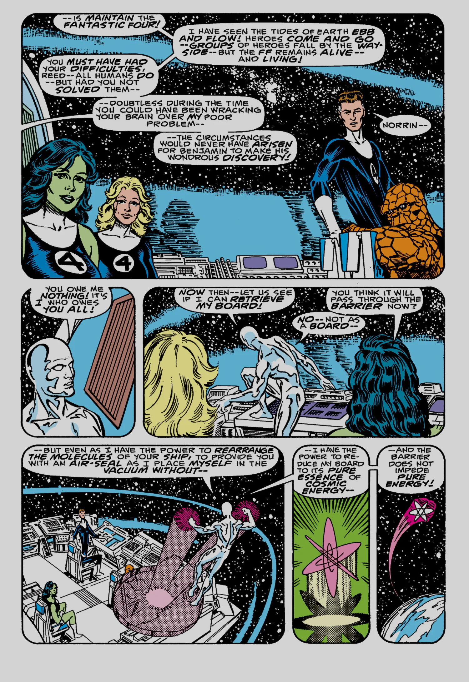 Interior page from Silver Surfer vol. 3 #1: aboard the Fantastic Four ship, the Surfer reduces his board to pure cosmic energy so it can pass through Galactus barrier