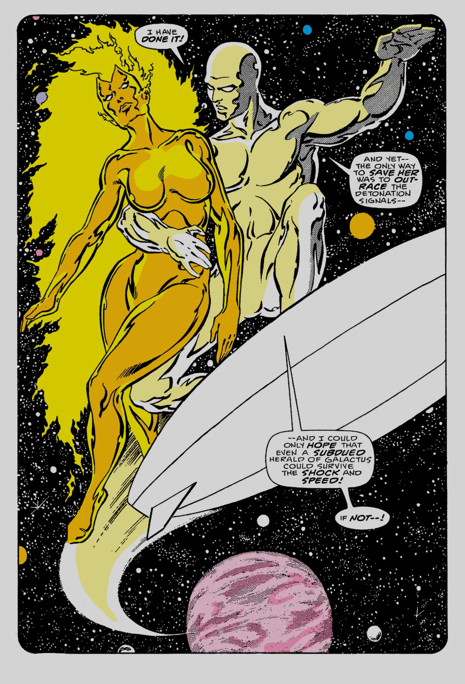 Full-page panel from Silver Surfer vol. 3 #1: the Surfer carrying the flaming Nova clear of a Skrull detonation