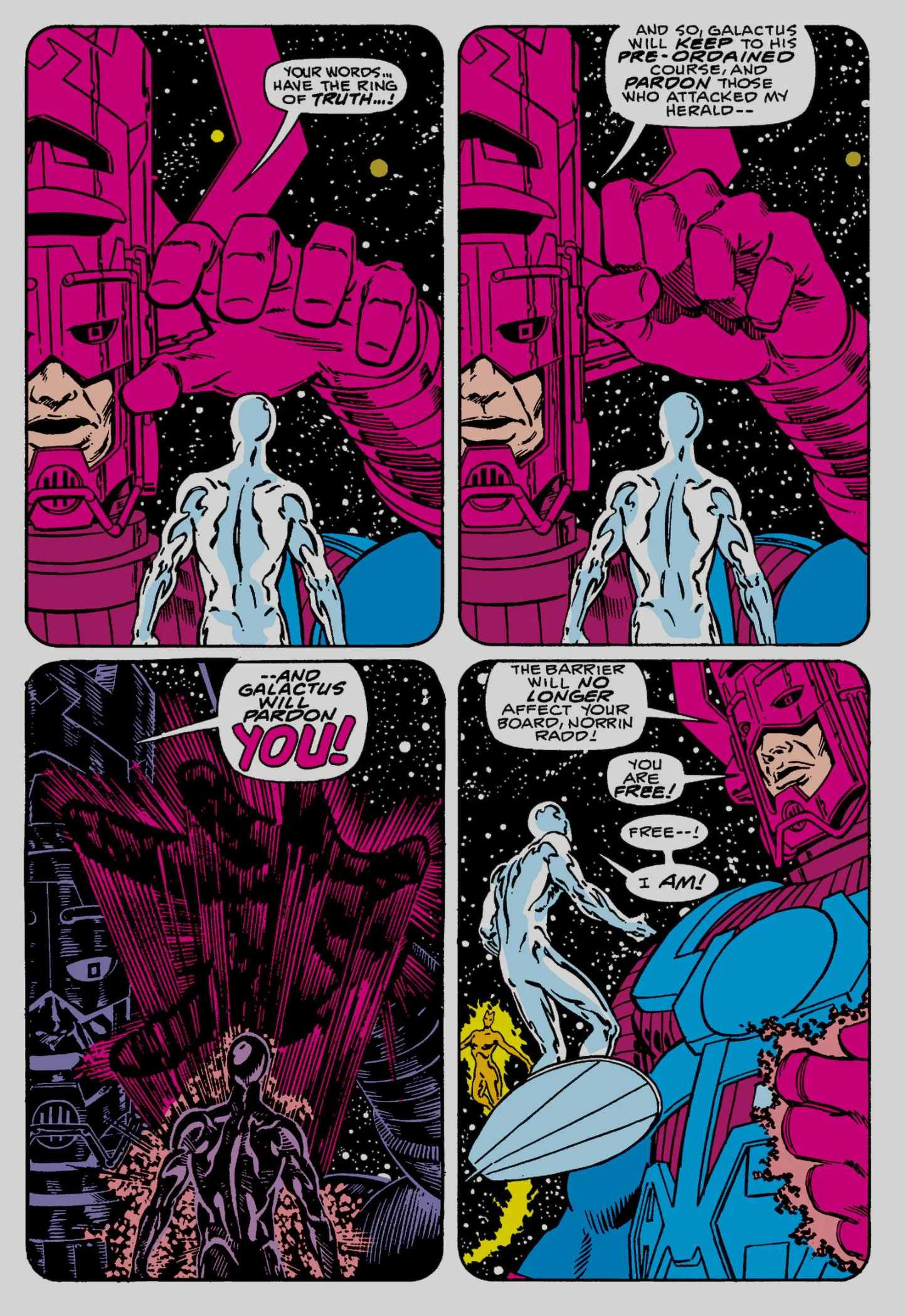 Interior page from Silver Surfer vol. 3 #1: Galactus pardons Norrin Radd and tells him the barrier will no longer affect his board — You are free!