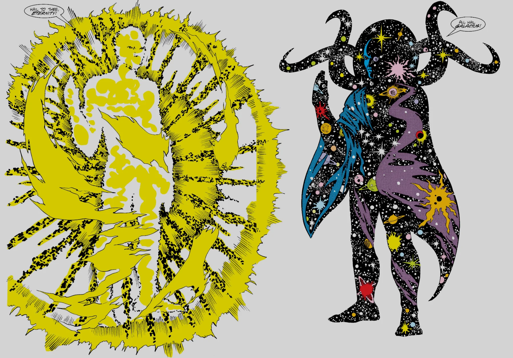 Double-page spread from Silver Surfer vol. 3 #10: the blazing yellow figure of Eternity facing Galactus true form, a star-filled cosmic silhouette