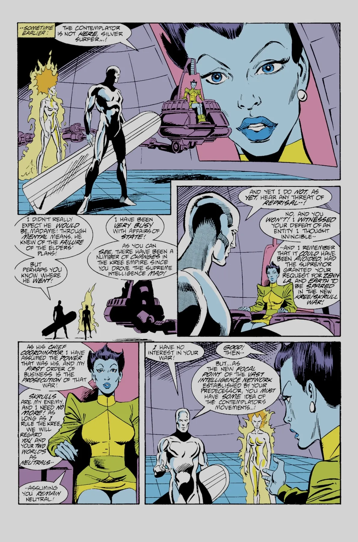 Interior page from Silver Surfer vol. 3 #11: the Silver Surfer and the flaming herald Nova confront the enthroned, blue-skinned Kree ruler Nenora.