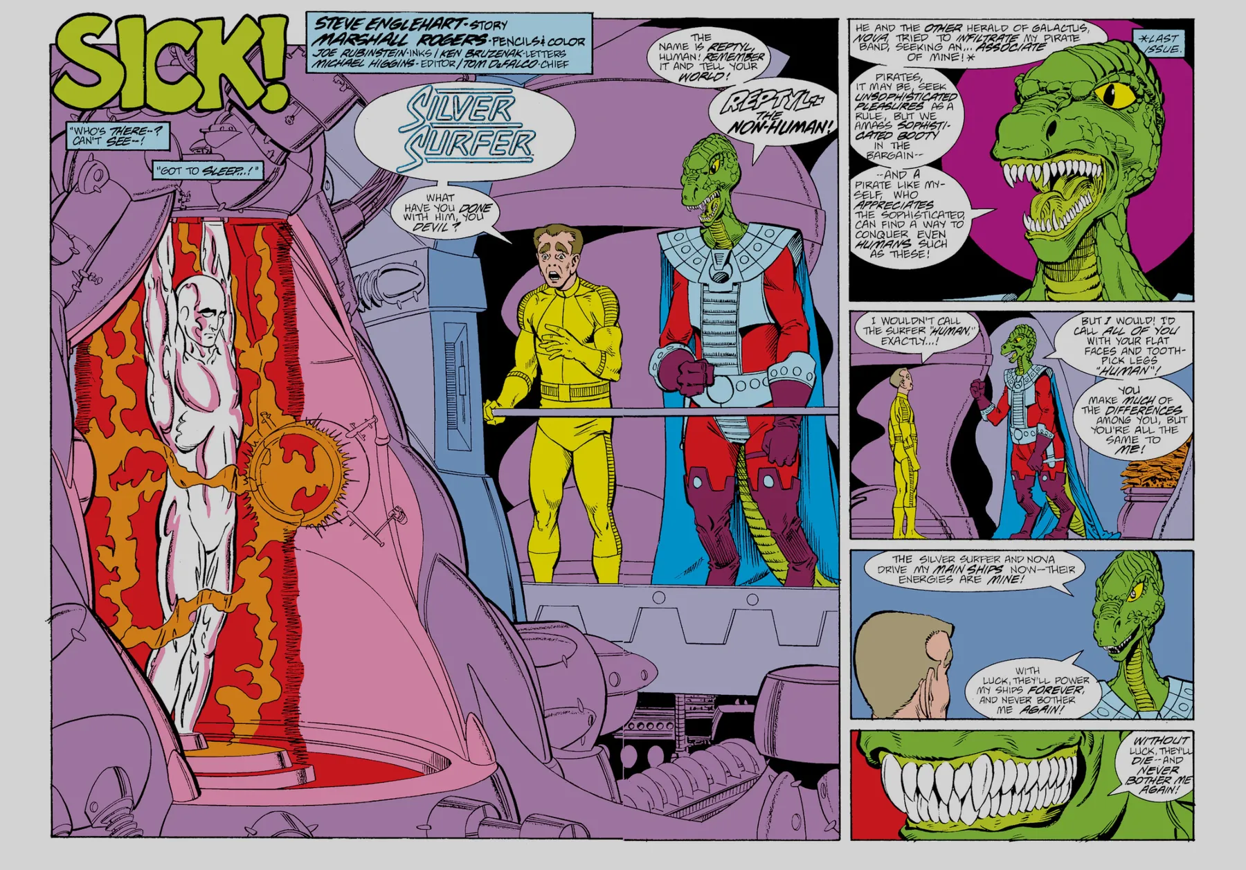 Two-page splash from Silver Surfer vol. 3 #12 titled 'Sick!', showing the Silver Surfer drained inside Captain Reptyl's machinery while the saurian pirate gloats to a crewman.