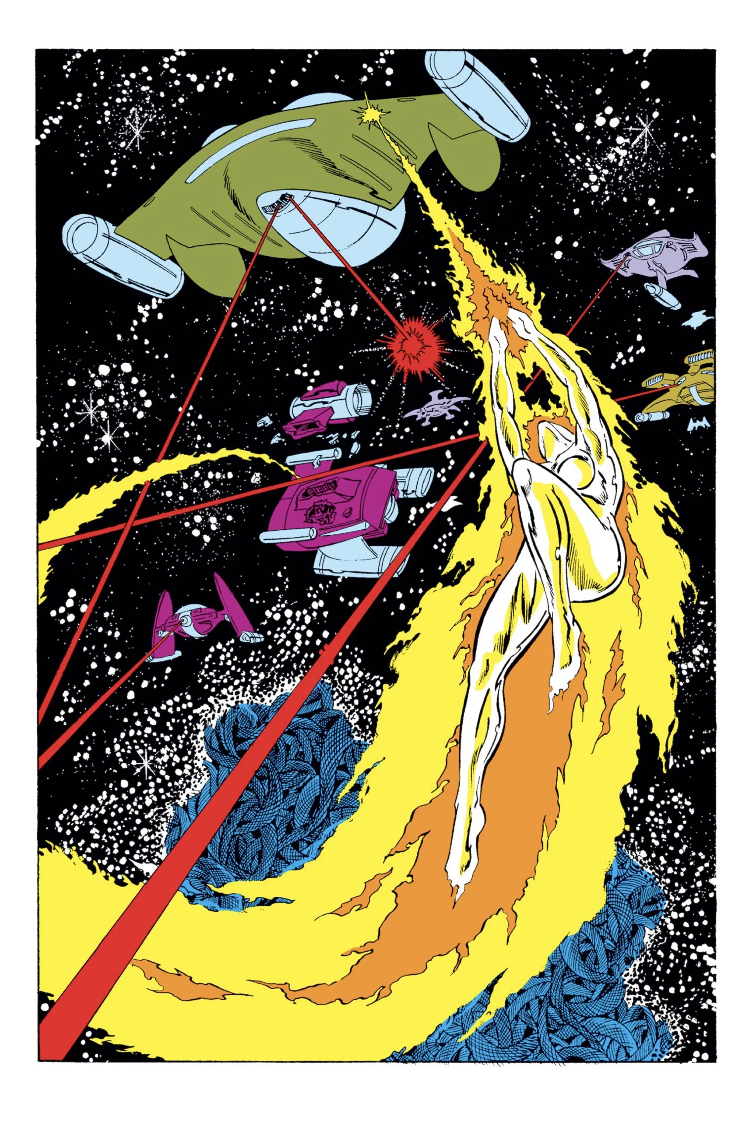 The flaming herald Nova streaks through space, dodging red laser fire from Captain Reptyl's pirate ships.