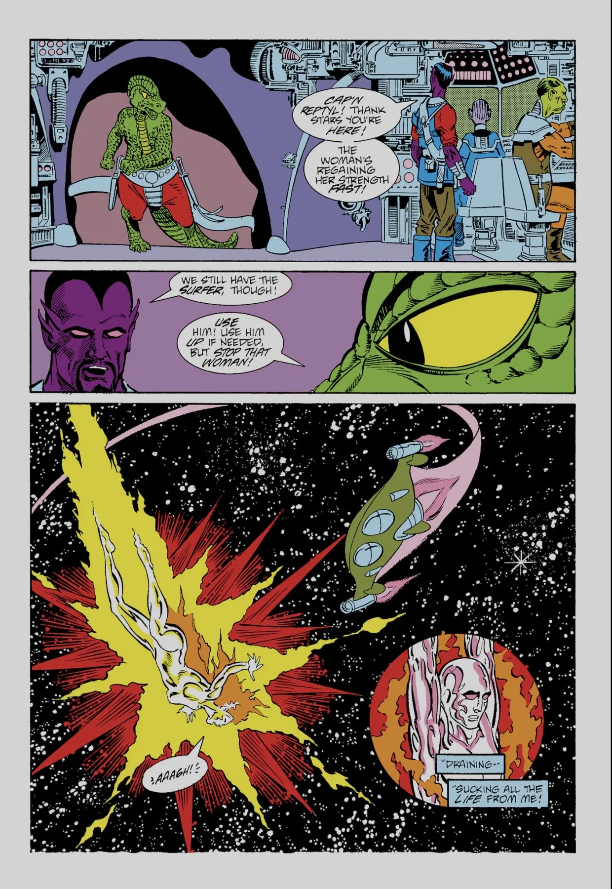 Captain Reptyl orders his crew to drain the Silver Surfer as the herald screams in space, his life energy siphoned away.