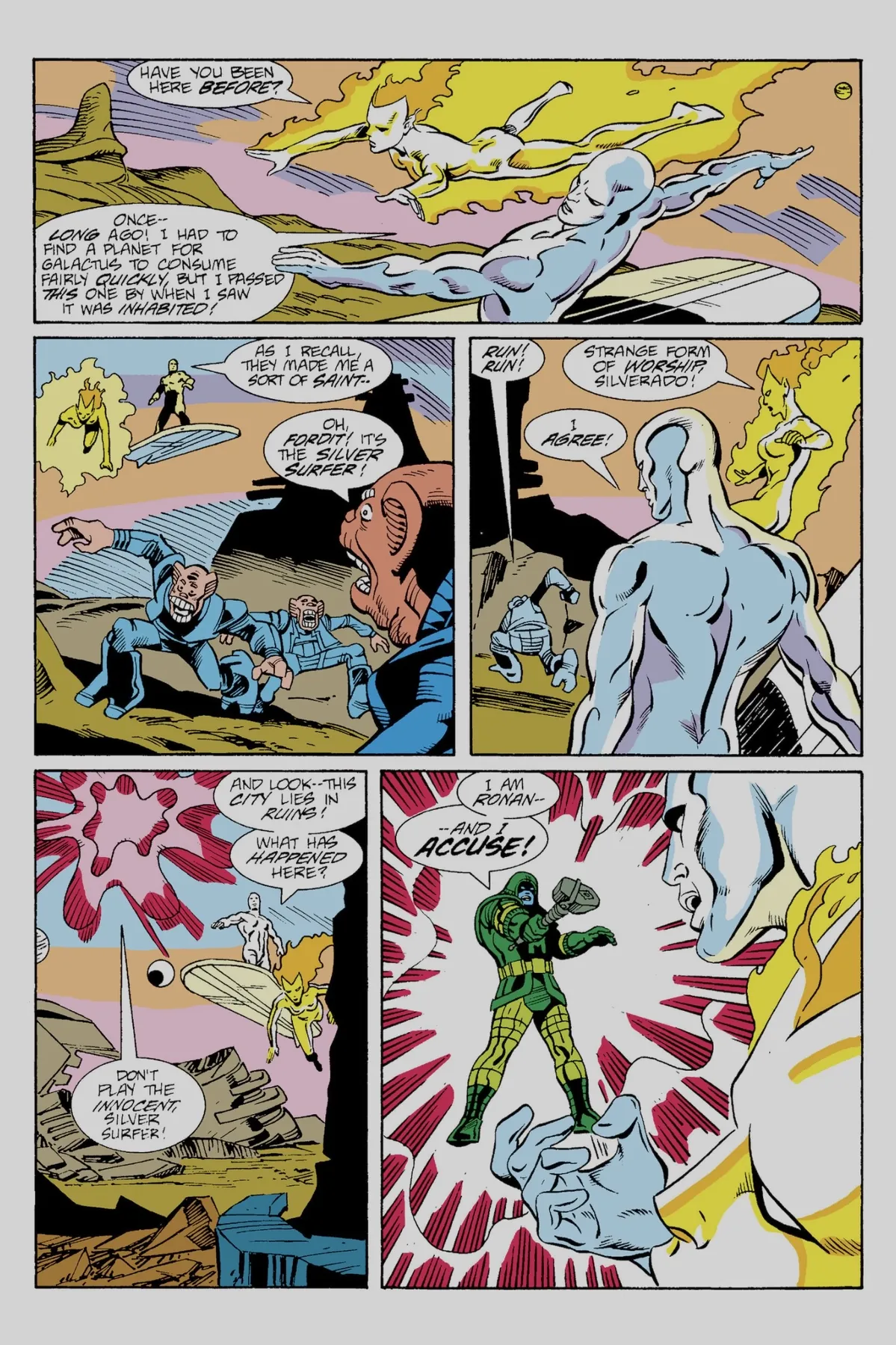 The Silver Surfer and Nova arrive at a ruined world whose inhabitants flee from them, where the green-armoured Ronan the Accuser raises his hammer and accuses the Surfer.