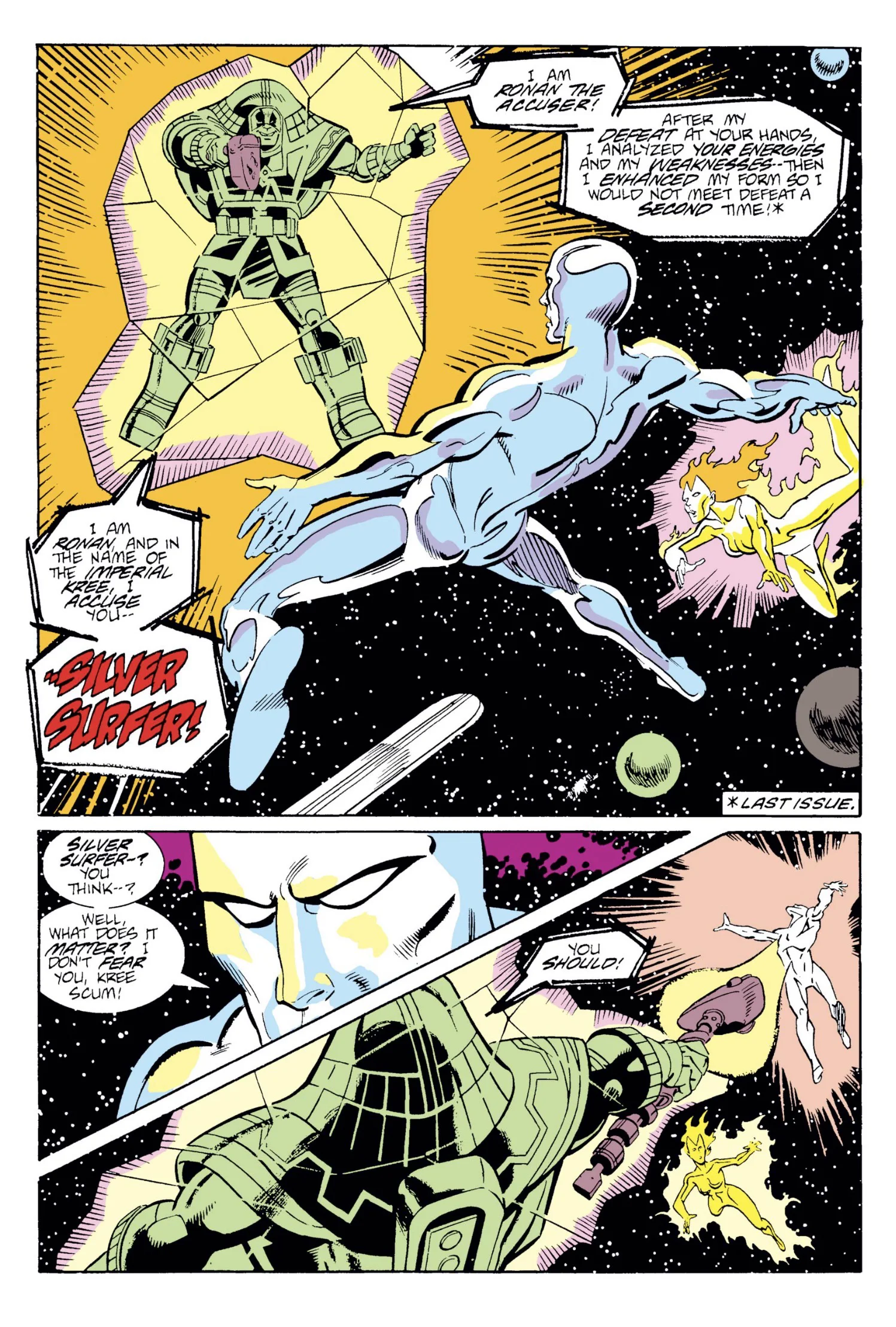 The green-armoured Ronan the Accuser, technologically enhanced for a rematch, confronts the Silver Surfer in space and accuses him.
