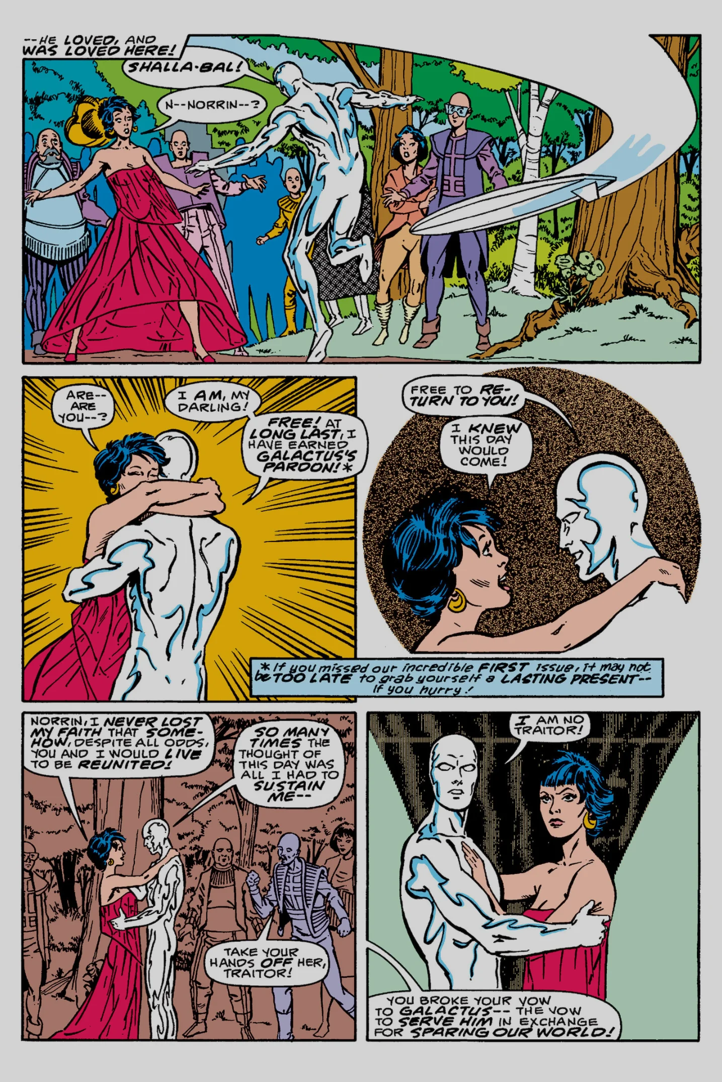 Interior page from Silver Surfer vol. 3 #2: the Surfer returns to Zenn-La and embraces Shalla-Bal, while a guard shouts at him to take his hands off her, traitor