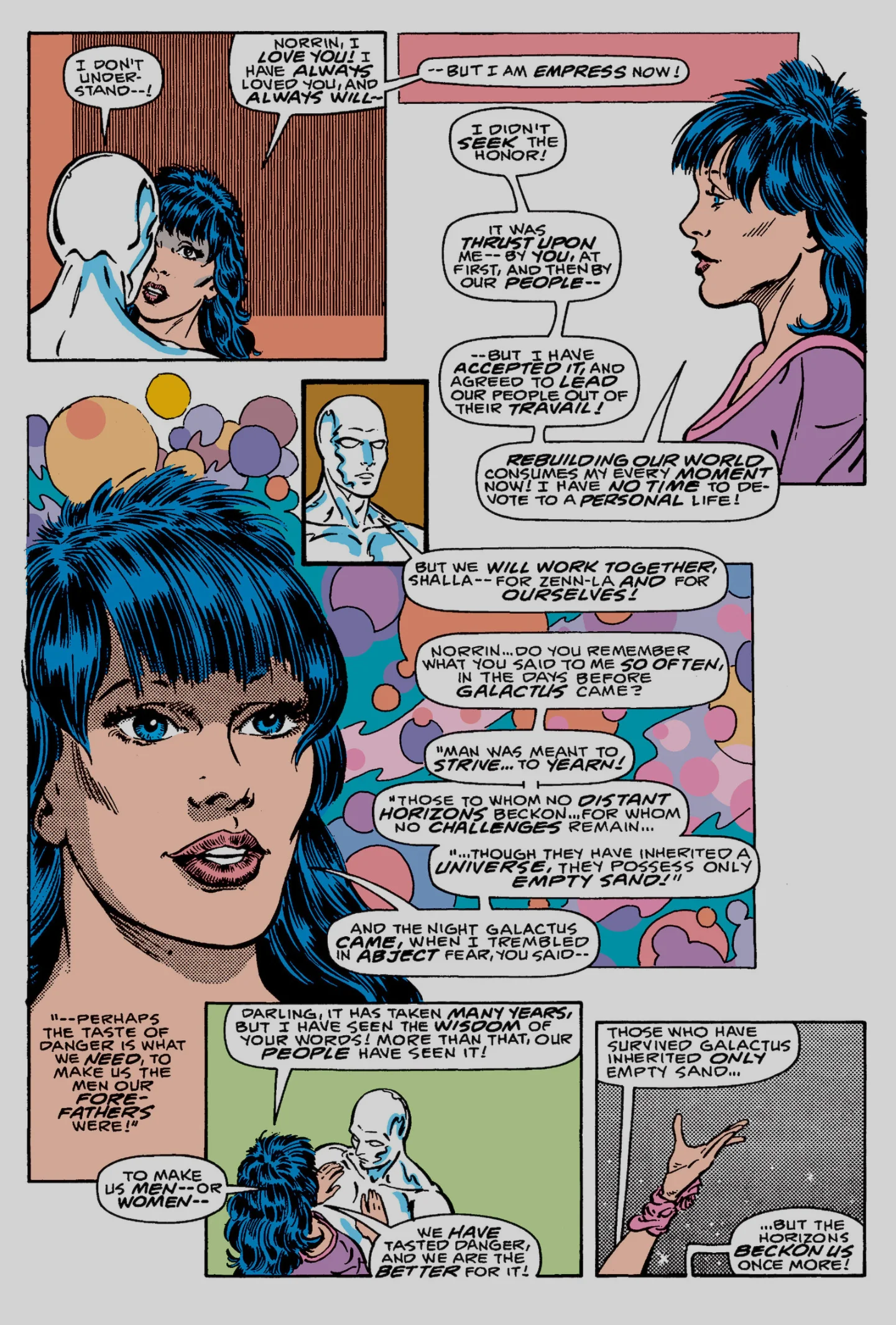 Interior page from Silver Surfer vol. 3 #2: Shalla-Bal tells the Surfer she loves him but is empress now, with no time left for a personal life