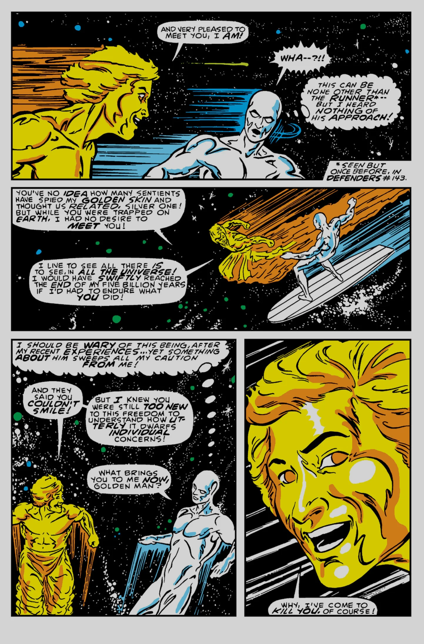 Interior page from Silver Surfer vol. 3 #3: the golden Elder called the Runner greets the Surfer and cheerfully announces that he has come to kill him