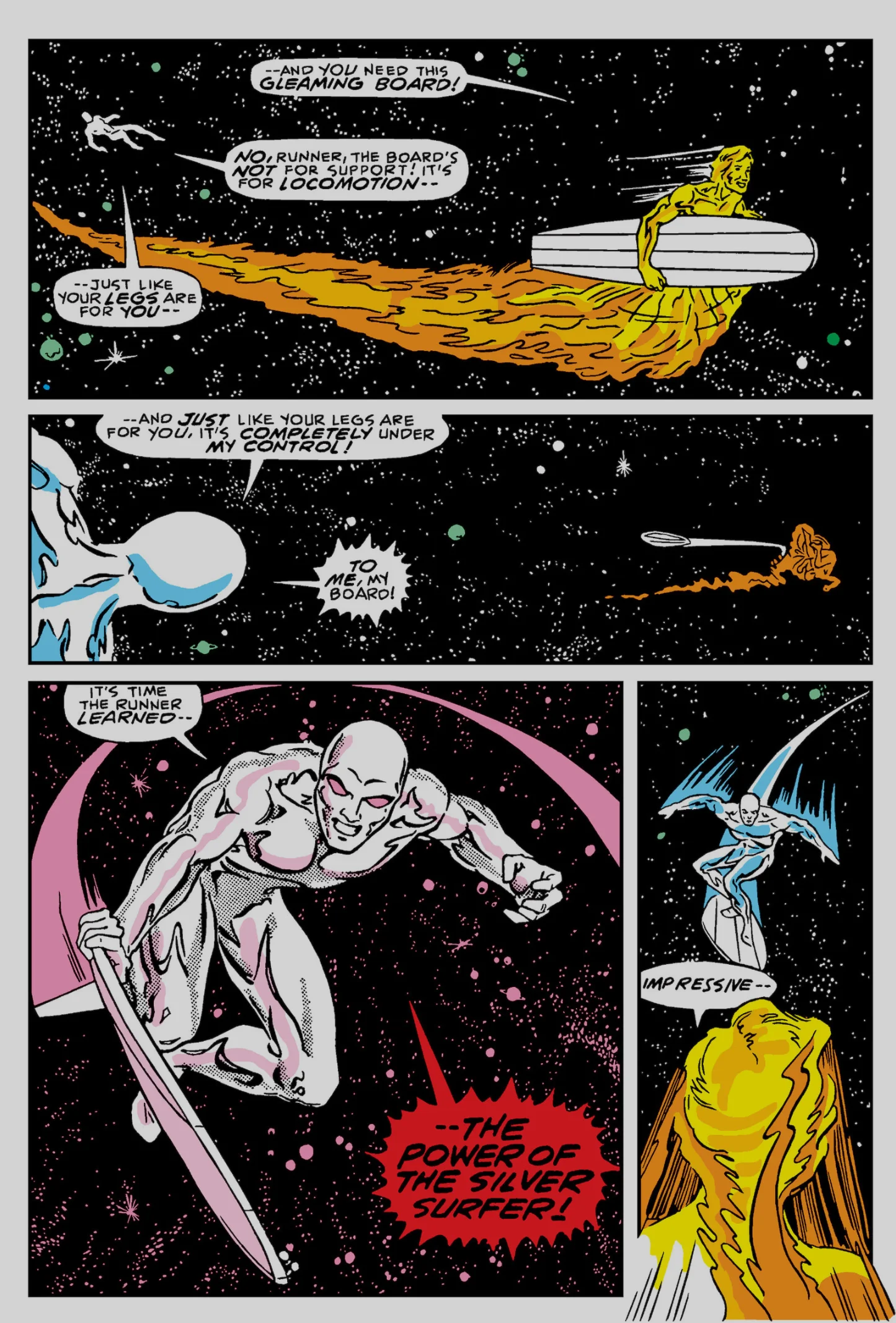 Interior page from Silver Surfer vol. 3 #3: the Surfer summons his board back to his hand and turns on the Runner in a burst captioned the power of the Silver Surfer
