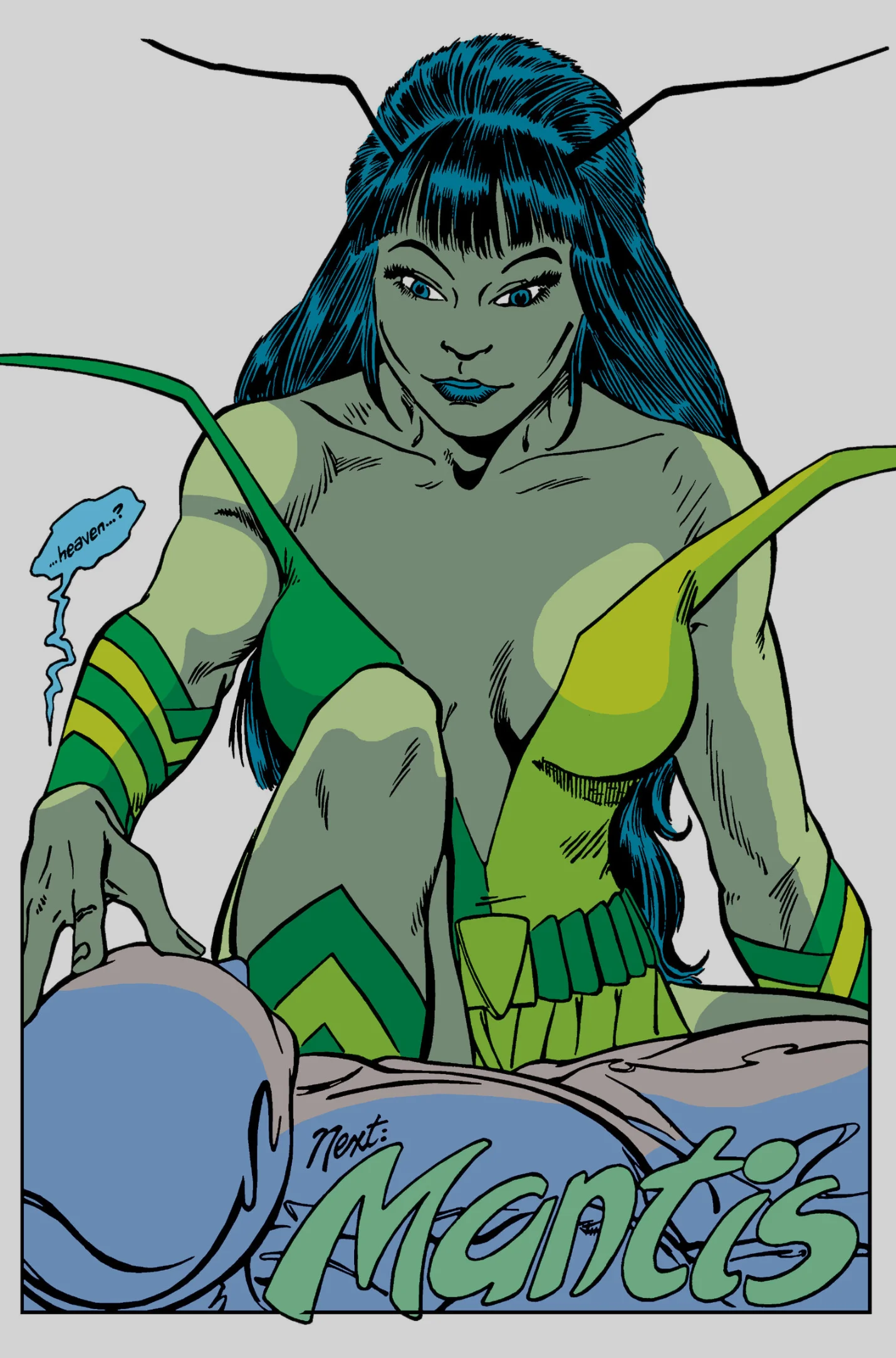 Full-page panel closing Silver Surfer vol. 3 #3: the green, antennaed Mantis leaning over the fallen Surfer beneath the words Next: Mantis