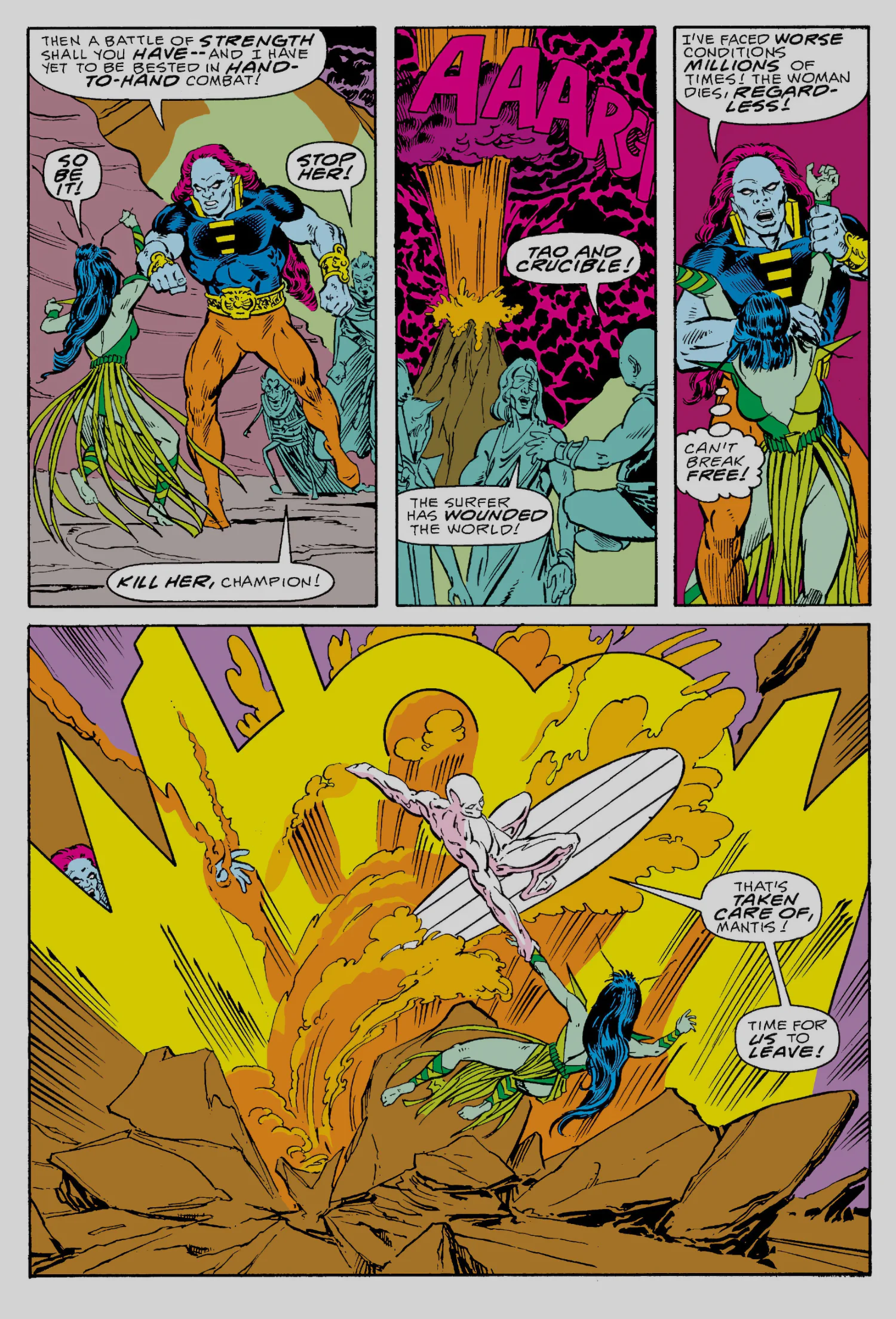 Interior page from Silver Surfer vol. 3 #4: the Champion is ordered to kill Mantis, and the Surfer blasts an escape route through the erupting surface of Ego the Living Planet