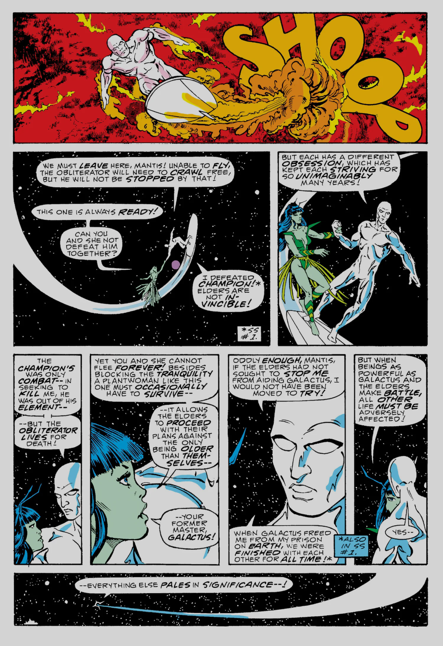 Interior page from Silver Surfer vol. 3 #5: the Surfer and Mantis flee the Obliterator while arguing about the obsessions that keep the Elders alive and their plan against Galactus