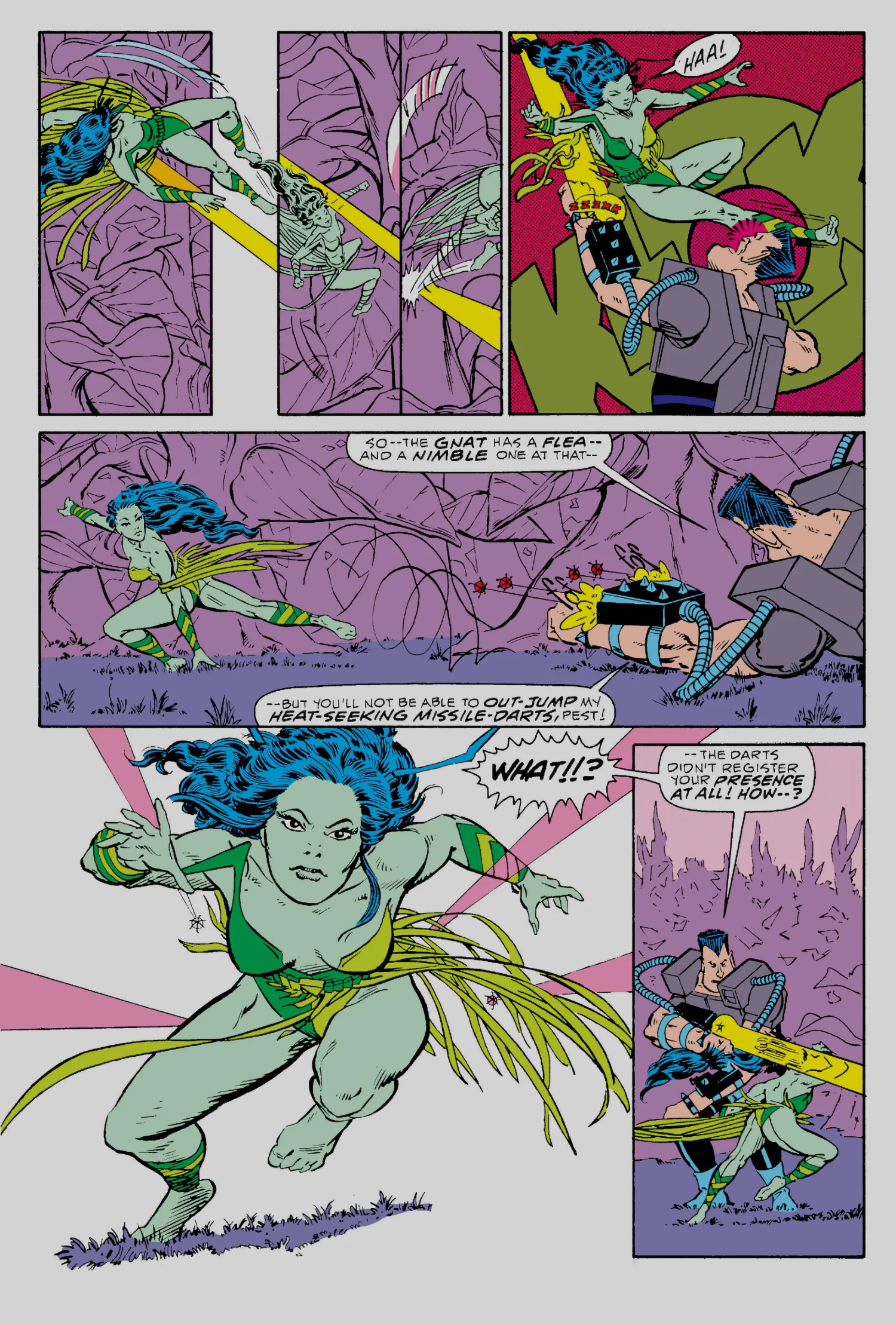 Interior page from Silver Surfer vol. 3 #5: Mantis leaps clear of the Obliterator heat-seeking missile darts across a purple landscape
