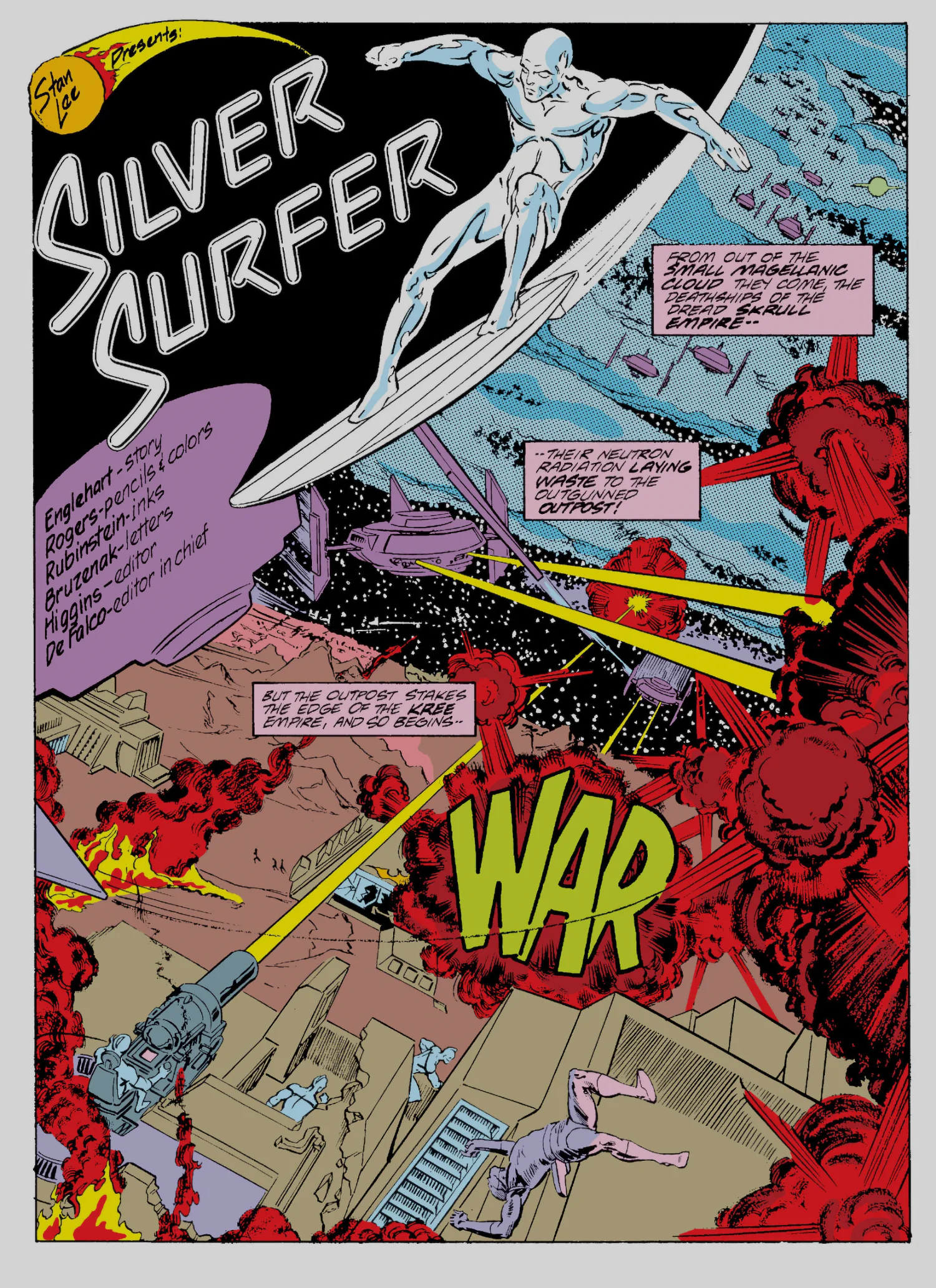 Splash page from Silver Surfer vol. 3 #6: Skrull ships bombard a Kree border outpost as the Surfer streaks overhead, above the word WAR