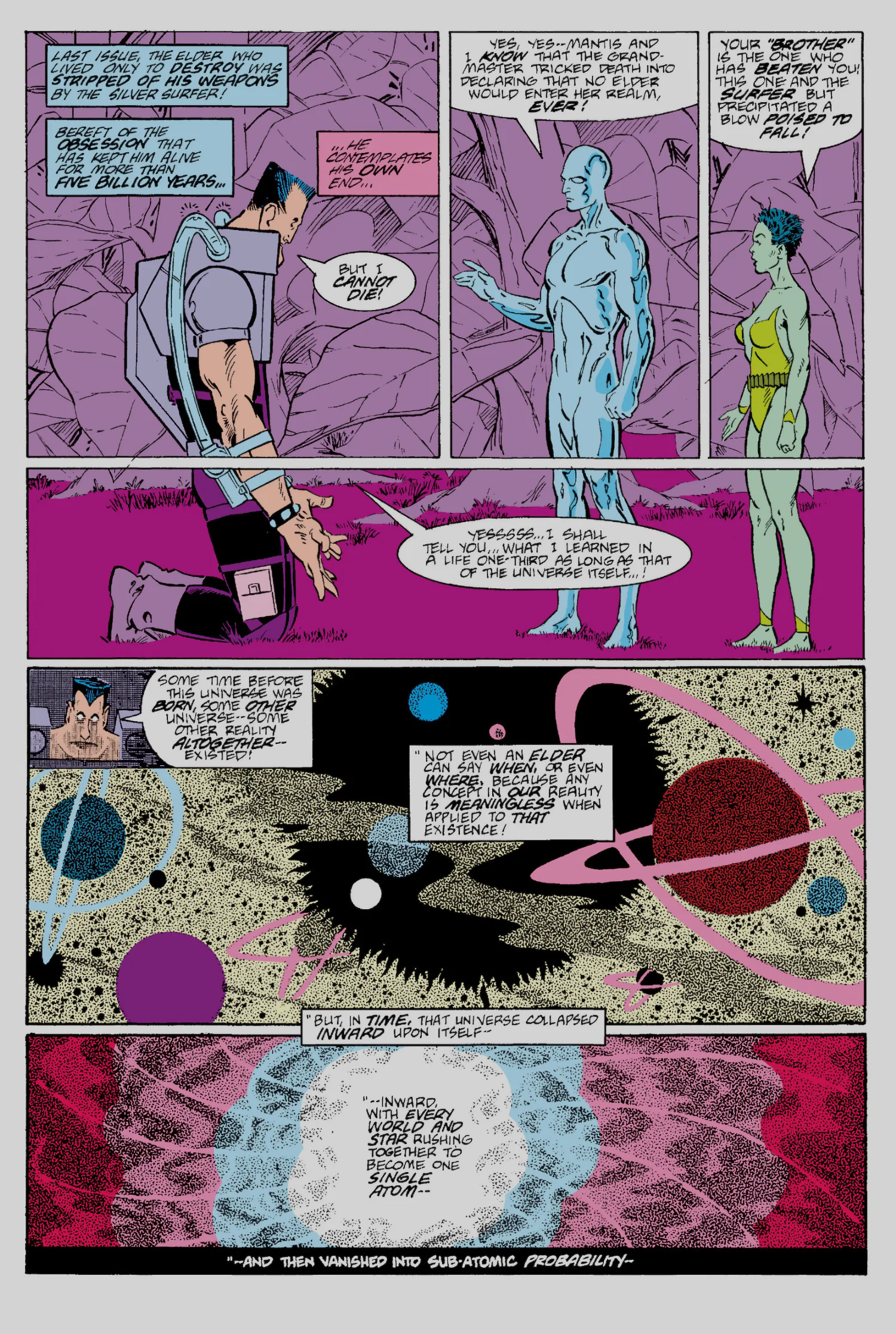 Interior page from Silver Surfer vol. 3 #6: the disarmed Obliterator, insisting he cannot die, describes how a previous universe collapsed inward into a single atom