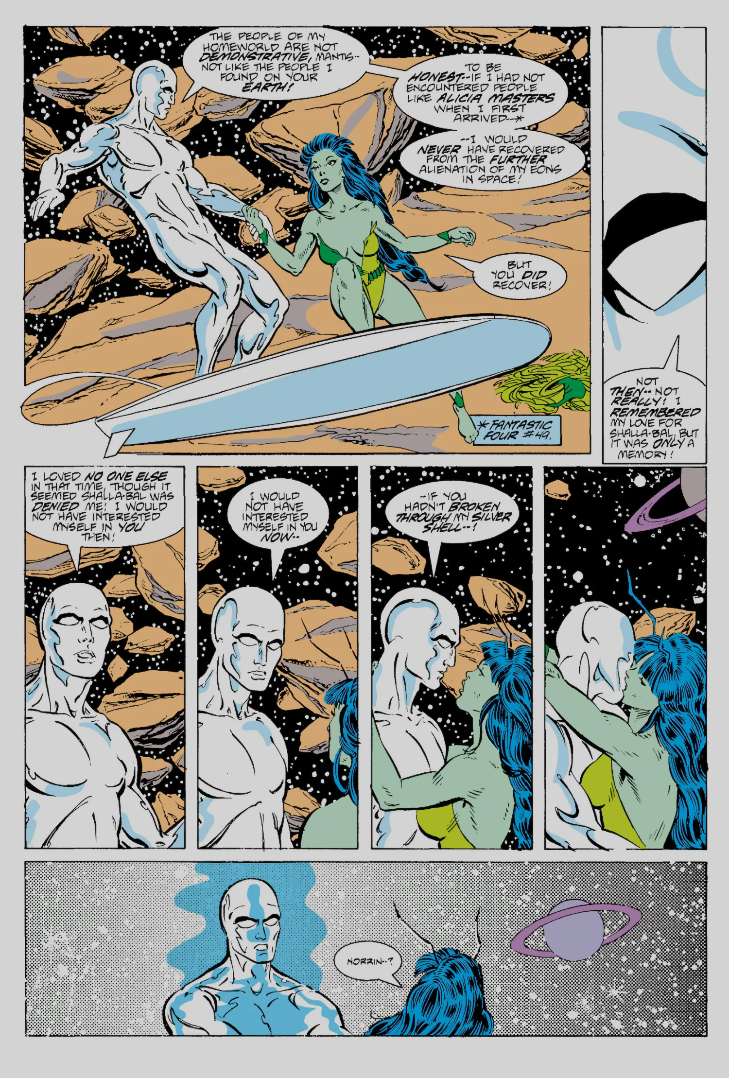 Interior page from Silver Surfer vol. 3 #6: the Surfer and Mantis talk about Alicia Masters and Shalla-Bal, and kiss, before they are called apart