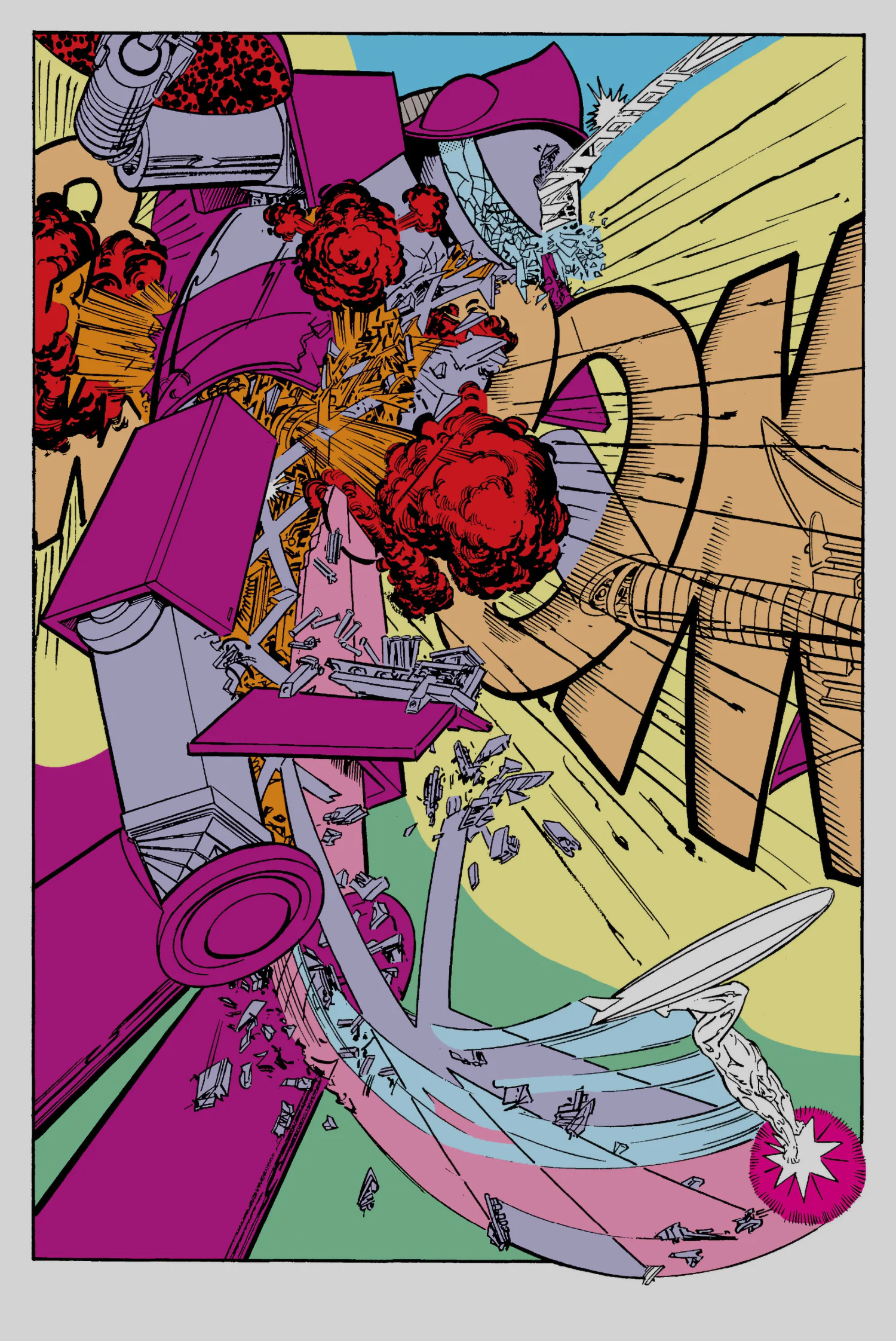Full-page panel from Silver Surfer vol. 3 #7: the Surfer tearing a Kree warship apart in Marshall Rogers fluorescent colours