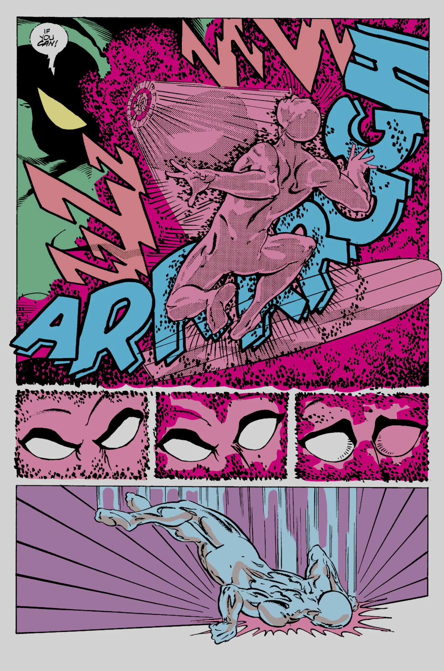 Interior page from Silver Surfer vol. 3 #7: the Supreme Intelligence Soul Gem tears the Surfer mind out of his body, which collapses empty to the floor