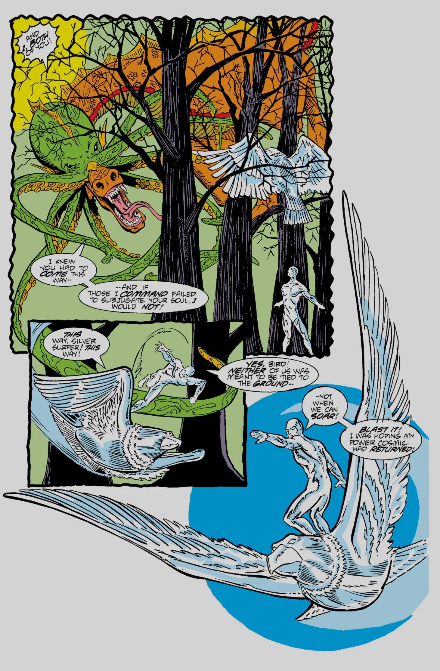 Interior page from Silver Surfer vol. 3 #8: the Surfer disembodied soul is guided through a dream forest by a silver falcon while a serpent tries to claim him