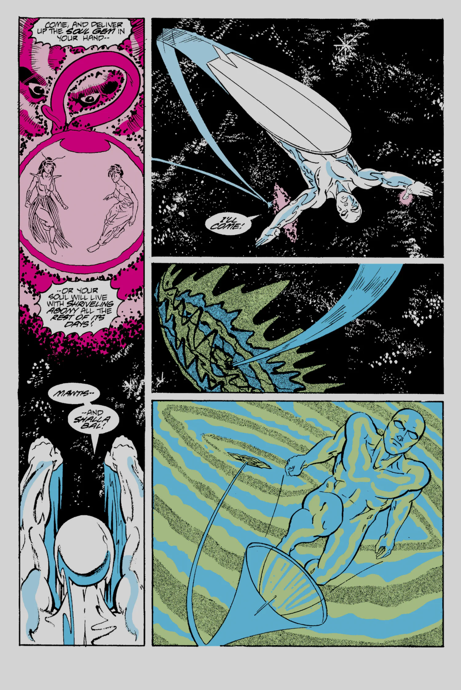 Interior page from Silver Surfer vol. 3 #9: the Elders demand the Soul Gem and show Mantis and Shalla-Bal held captive; the Surfer answers that he will come