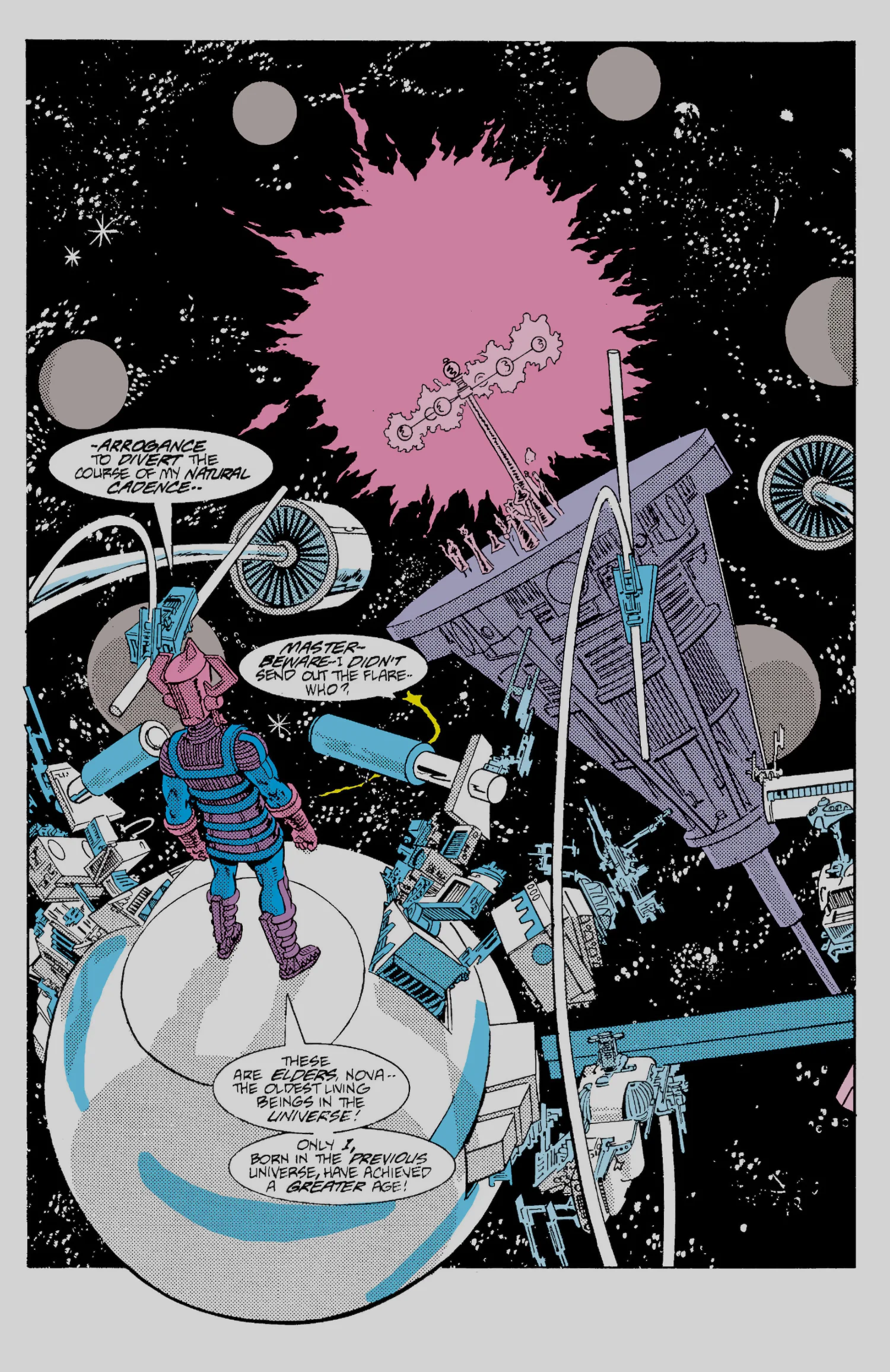Full-page panel from Silver Surfer vol. 3 #9: Galactus tells Nova that the approaching Elders are the oldest living beings in the universe, older than anything but himself