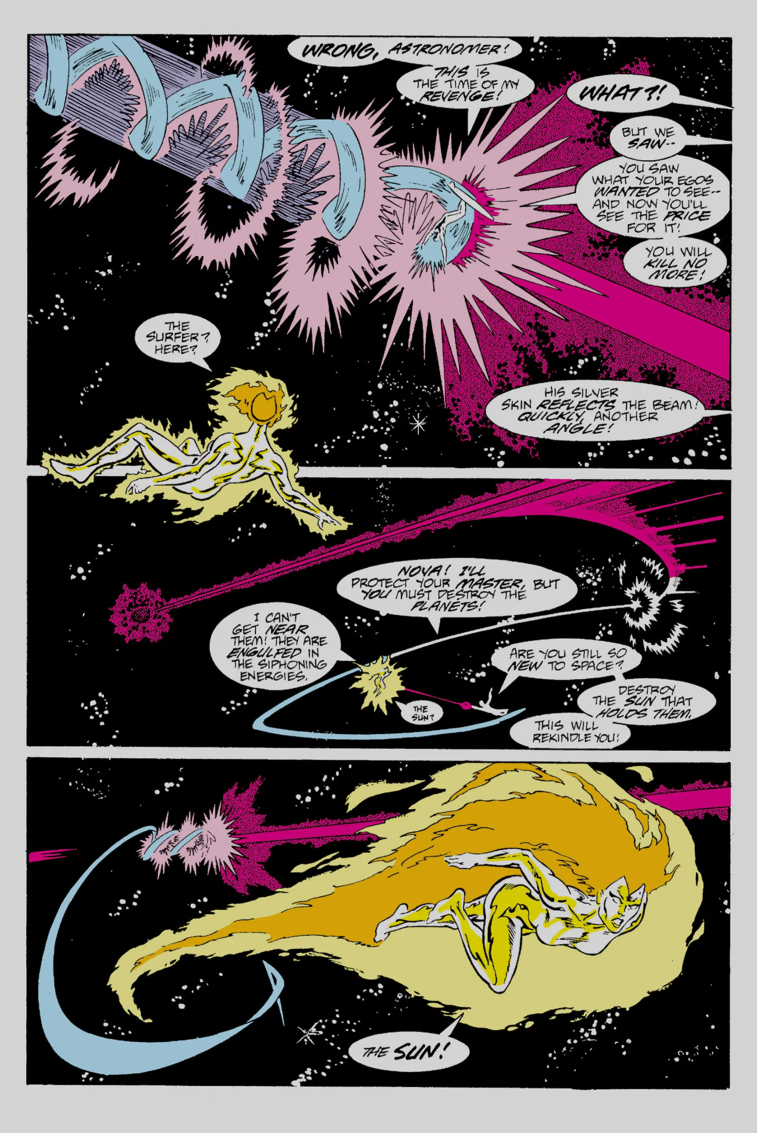 Interior page from Silver Surfer vol. 3 #9: the Surfer throws himself into the Elders siphoning beam for revenge while Nova dives into the star to destroy it