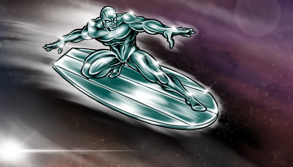 The Silver Surfer soaring free through the cosmos