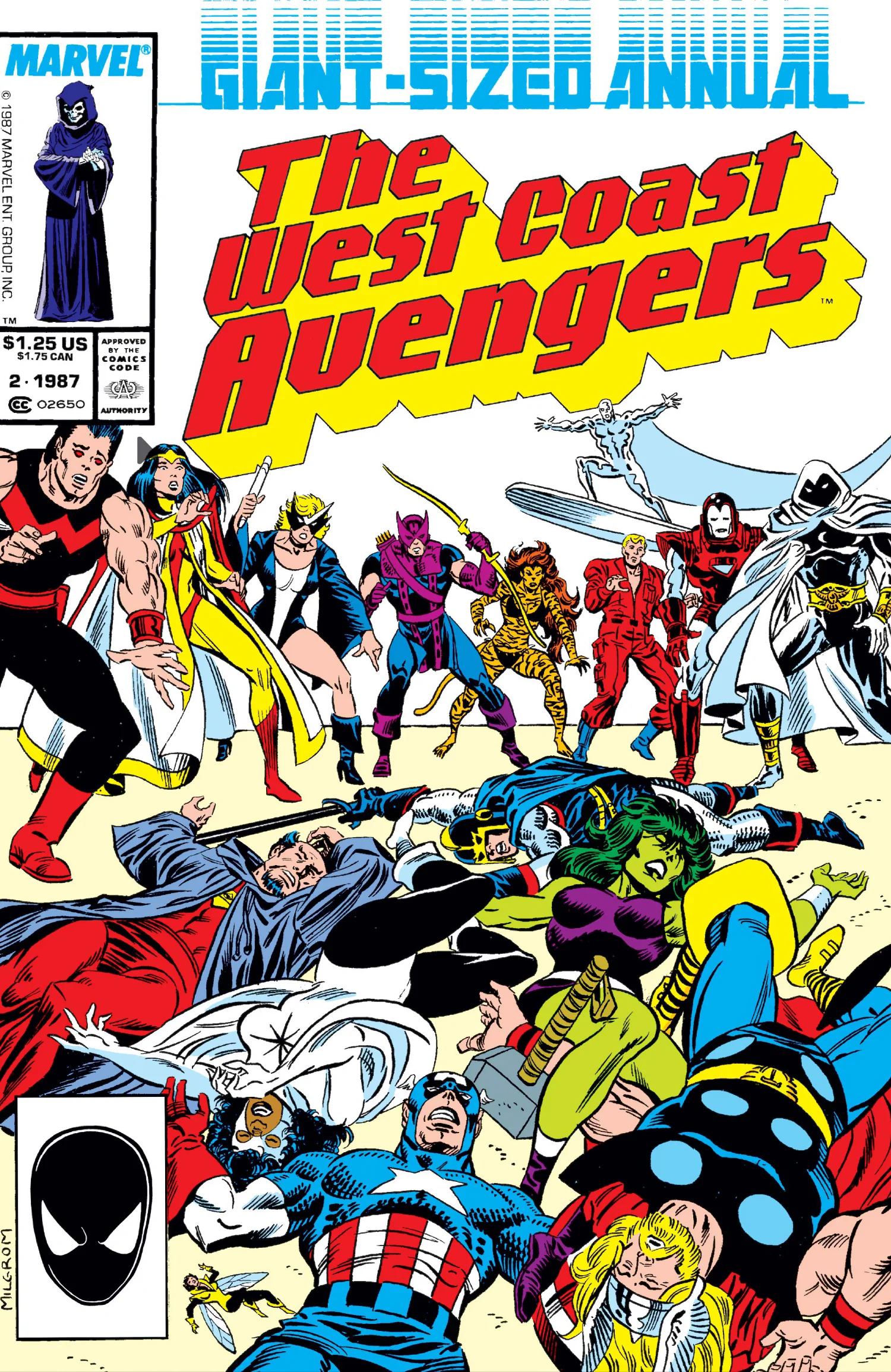 Cover of West Coast Avengers Annual #2: the West Coast team standing over the sprawled bodies of the East Coast Avengers, with the Silver Surfer hovering above them