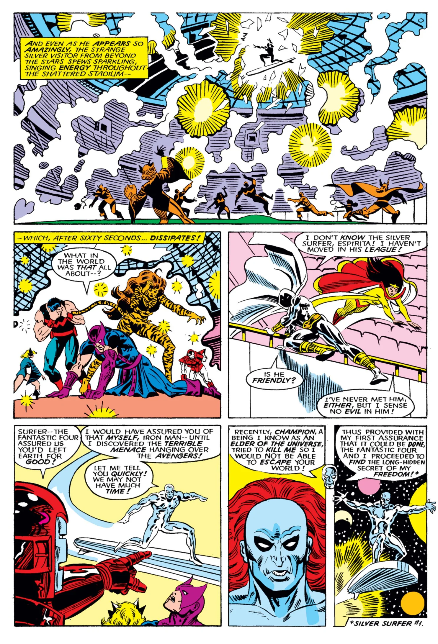 Interior page from West Coast Avengers Annual #2: the Silver Surfer bursts into the Avengers stadium and warns that the Champion, an Elder of the Universe, tried to kill him