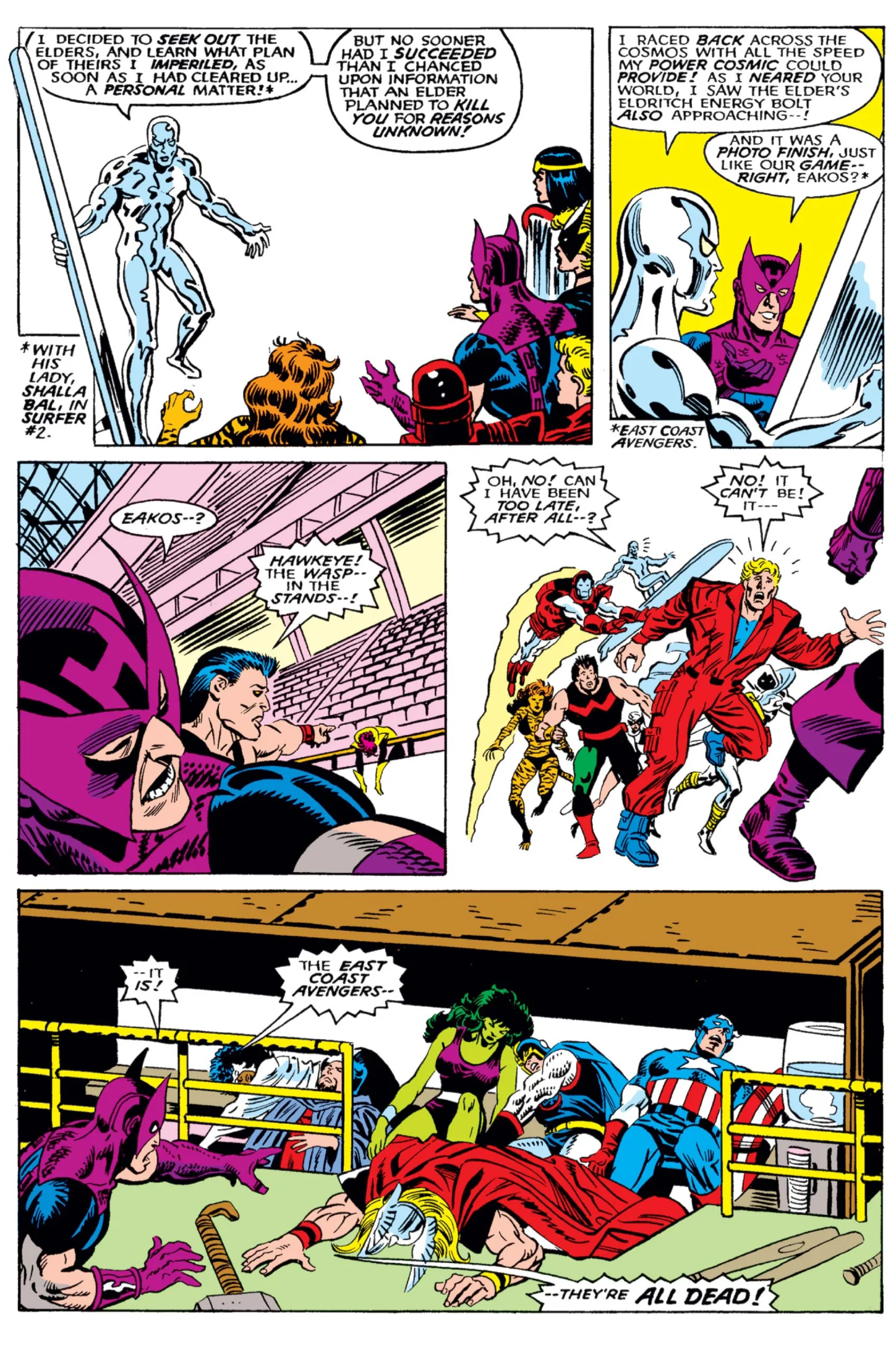 Interior page from West Coast Avengers Annual #2: Hawkeye and the West Coast team find the East Coast Avengers lying dead in the stands