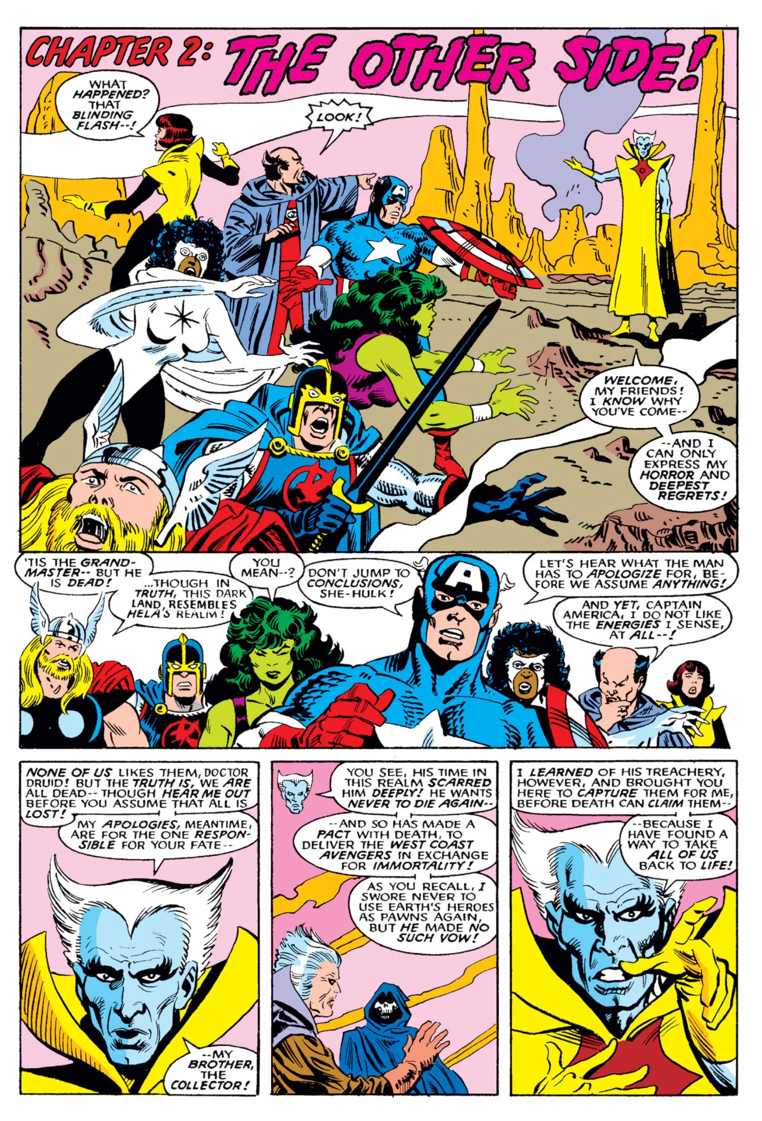 Interior page from West Coast Avengers Annual #2: in Death realm the Grandmaster admits his pact to deliver Earth heroes in exchange for immortality, with the Collector beside him