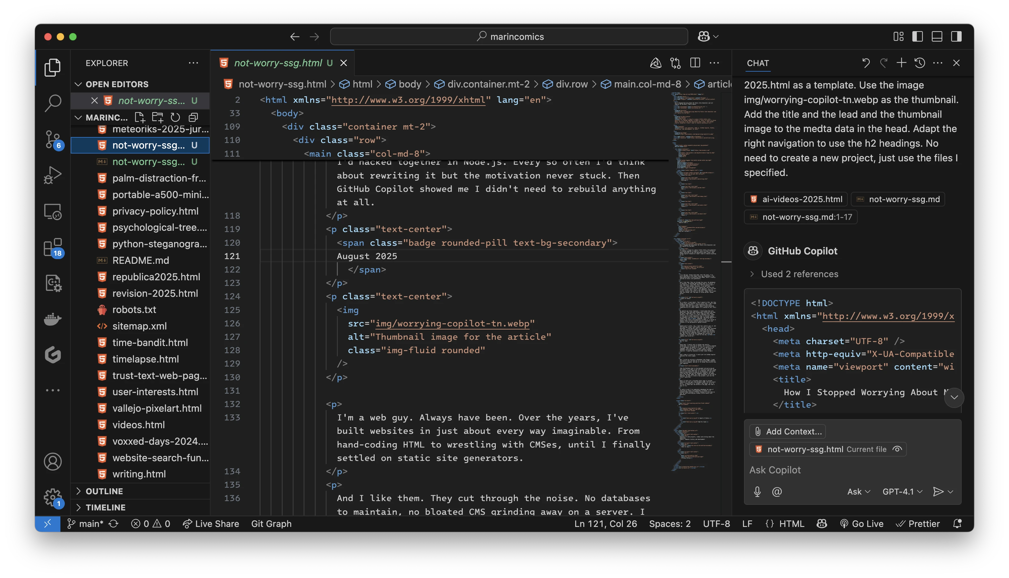 Screenshot of VSCode showing the generated HTML file based on a Markdown file and a template