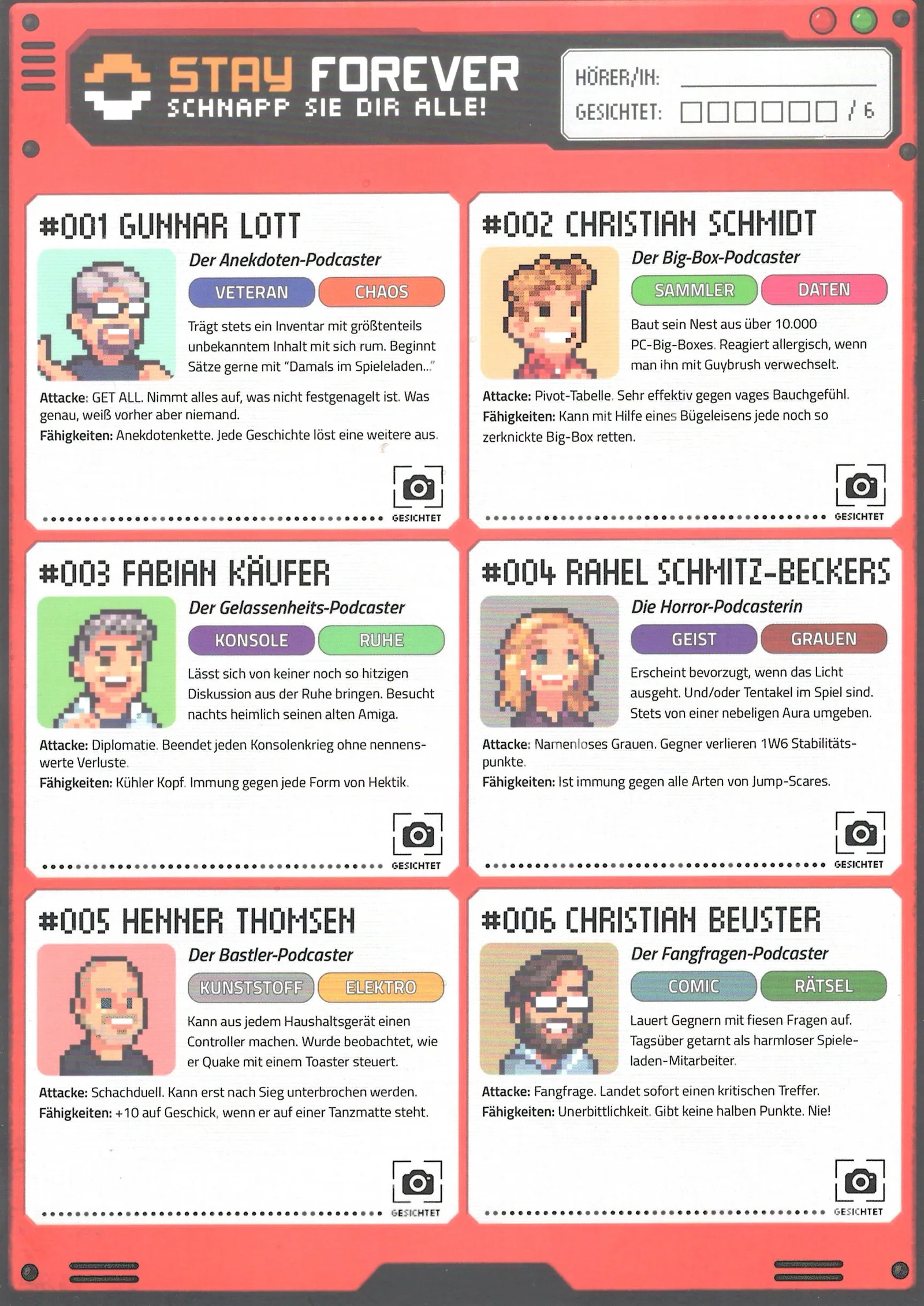 A red Stay Forever trading card titled Schnapp sie dir alle! with pixel art portraits and joke stats for Gunnar Lott, Christian Schmidt, Fabian Käufer, Rahel Schmitz-Beckers, Henner Thomsen, and Christian Beuster.