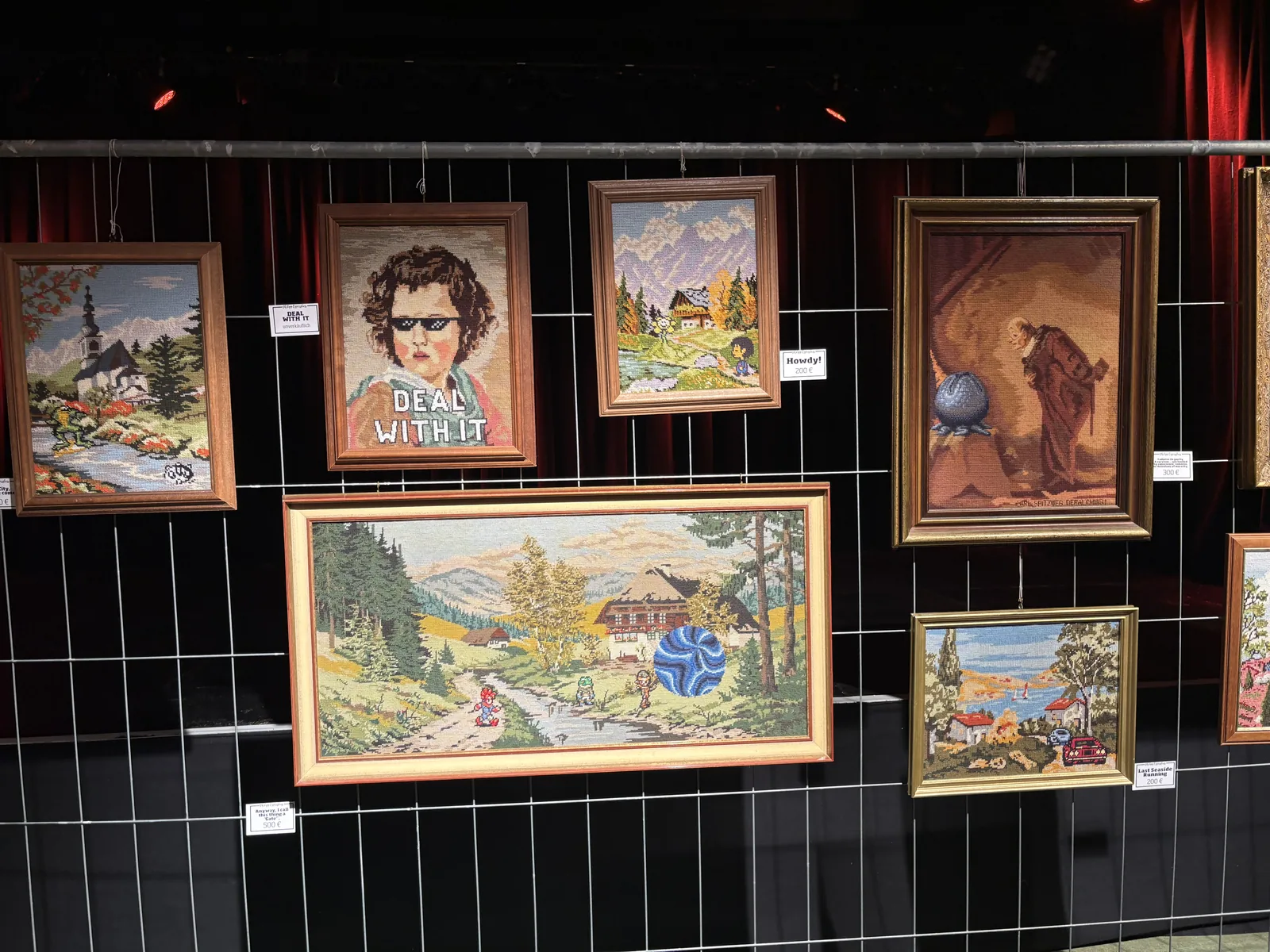 A wall of gilded-framed landscape and portrait paintings, altered with video game elements such as Deal With It sunglasses.