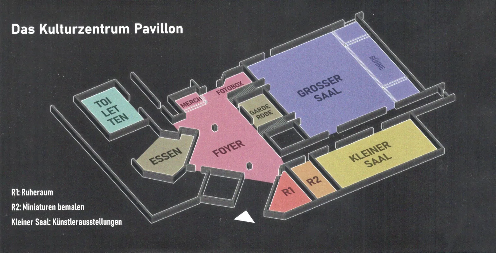 An isometric floor plan of the Kulturzentrum Pavillon showing the foyer, merch stand, photo box, cloakroom, food area, toilets, the big hall with stage, the small hall, and rooms R1 and R2.