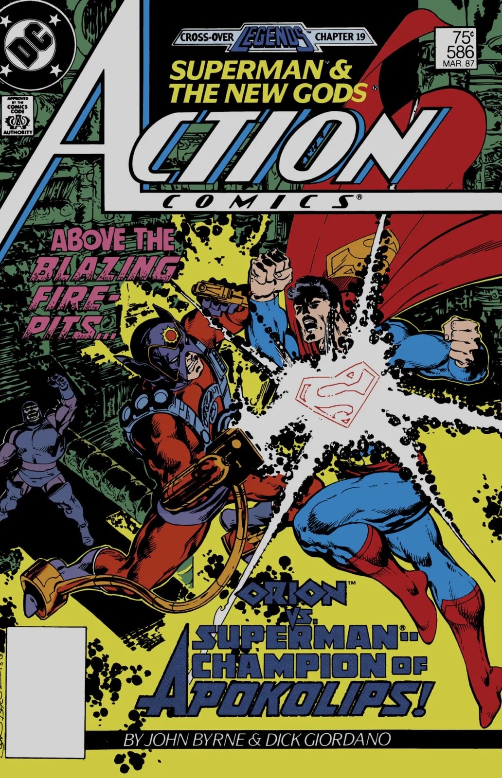 Cover of Action Comics #586 showing Orion and Superman clashing in a burst of light above the fire pits, with the blurb 'Orion vs. Superman—Champion of Apokolips!'