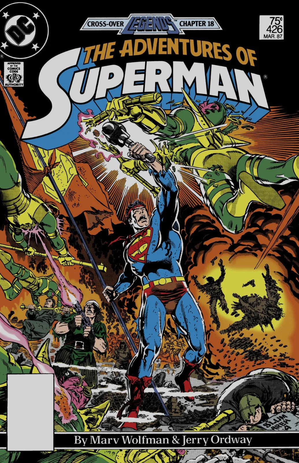 Cover of The Adventures of Superman #426 showing a battle-worn, headband-wearing Superman raising a weapon amid green-armored Parademons.