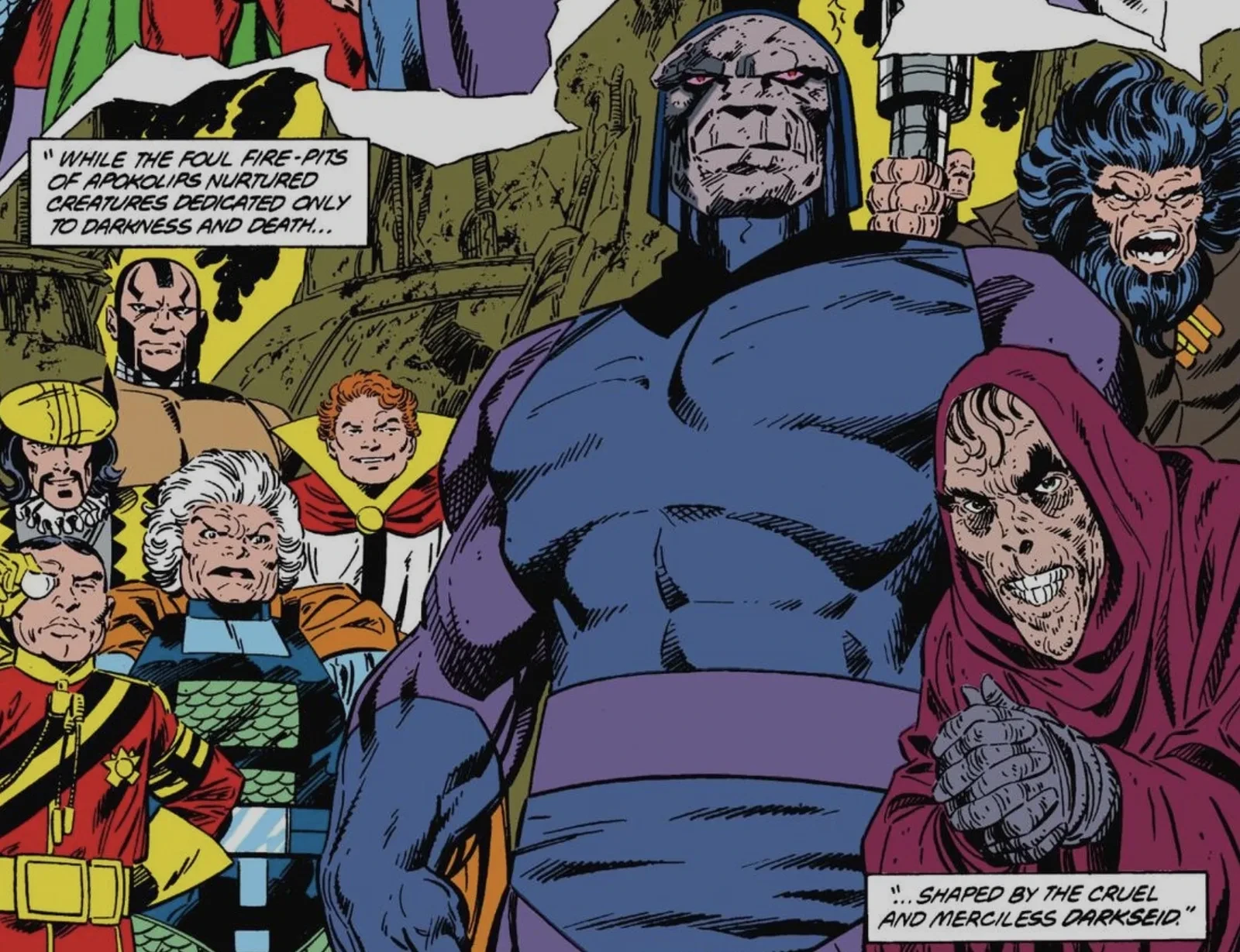 Darkseid stands towering and impassive amid a crowd of colorful Fourth World characters from Apokolips.