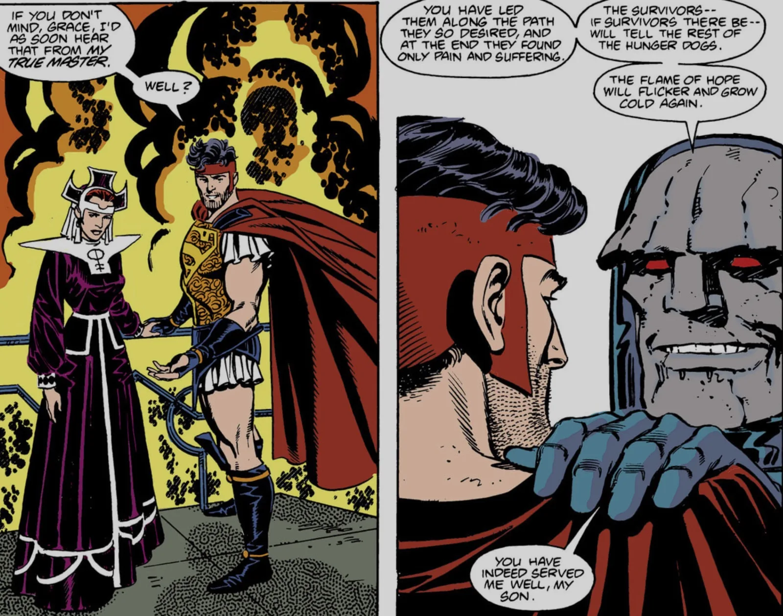 Amazing Grace, in a horned white headdress, stands beside the caped savior as a red-eyed Darkseid rests a hand on his shoulder and calls him 'my son.'