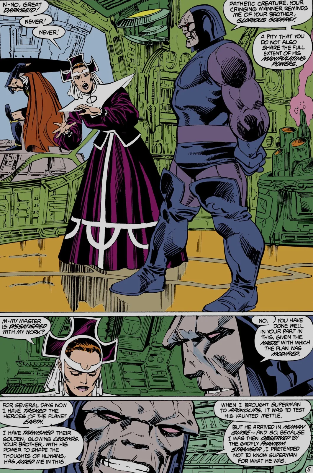 Amazing Grace cowers before a towering Darkseid in a machinery-filled chamber as he explains how he tested Superman on Apokolips.