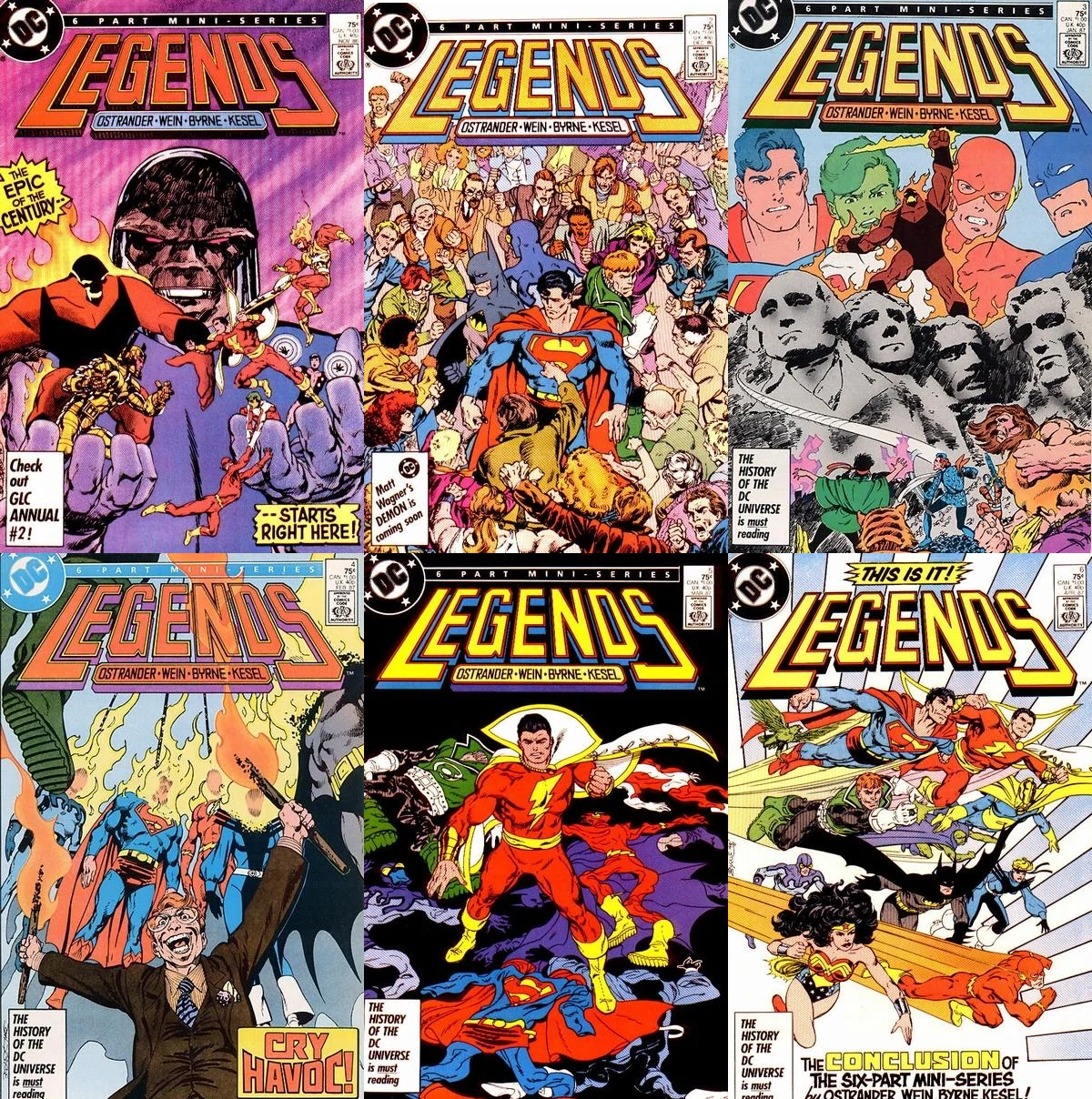 A grid of all six Legends miniseries covers, featuring Darkseid, Superman, Shazam, Wonder Woman and other DC heroes.