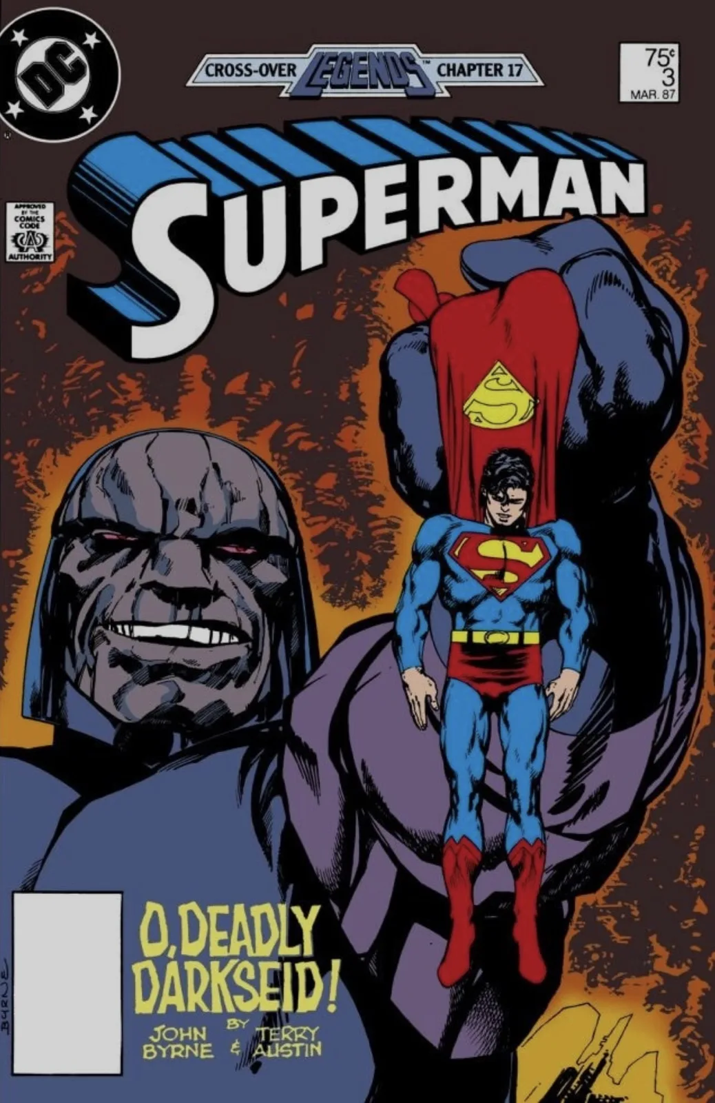 Cover of Superman #3 showing a giant Darkseid holding Superman aloft by his cape beneath the blurb 'O, Deadly Darkseid!'