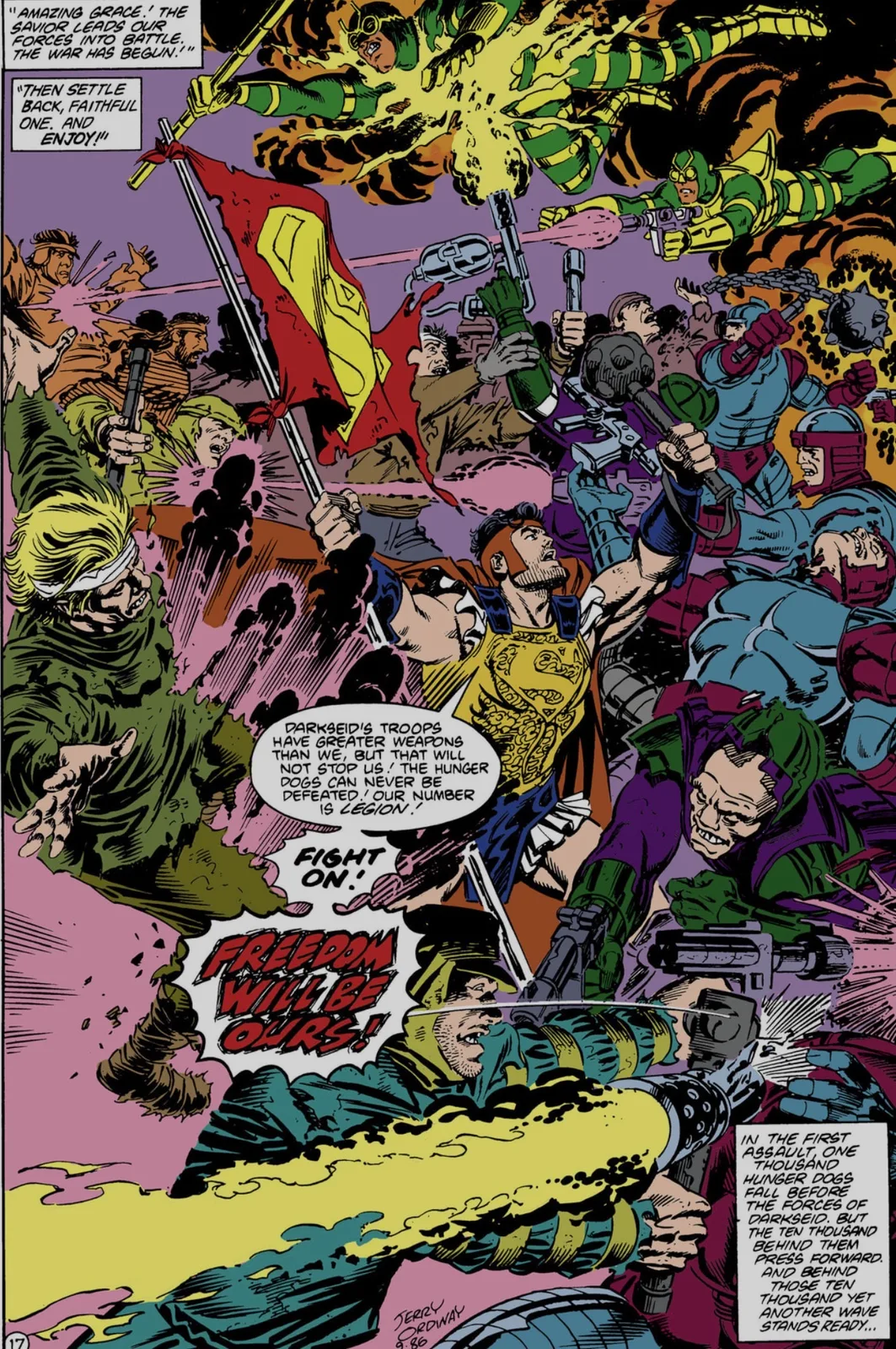 Superman, in a headband and cape, holds aloft a banner bearing his S-shield and rallies the ragged Hunger Dogs into a chaotic battle.