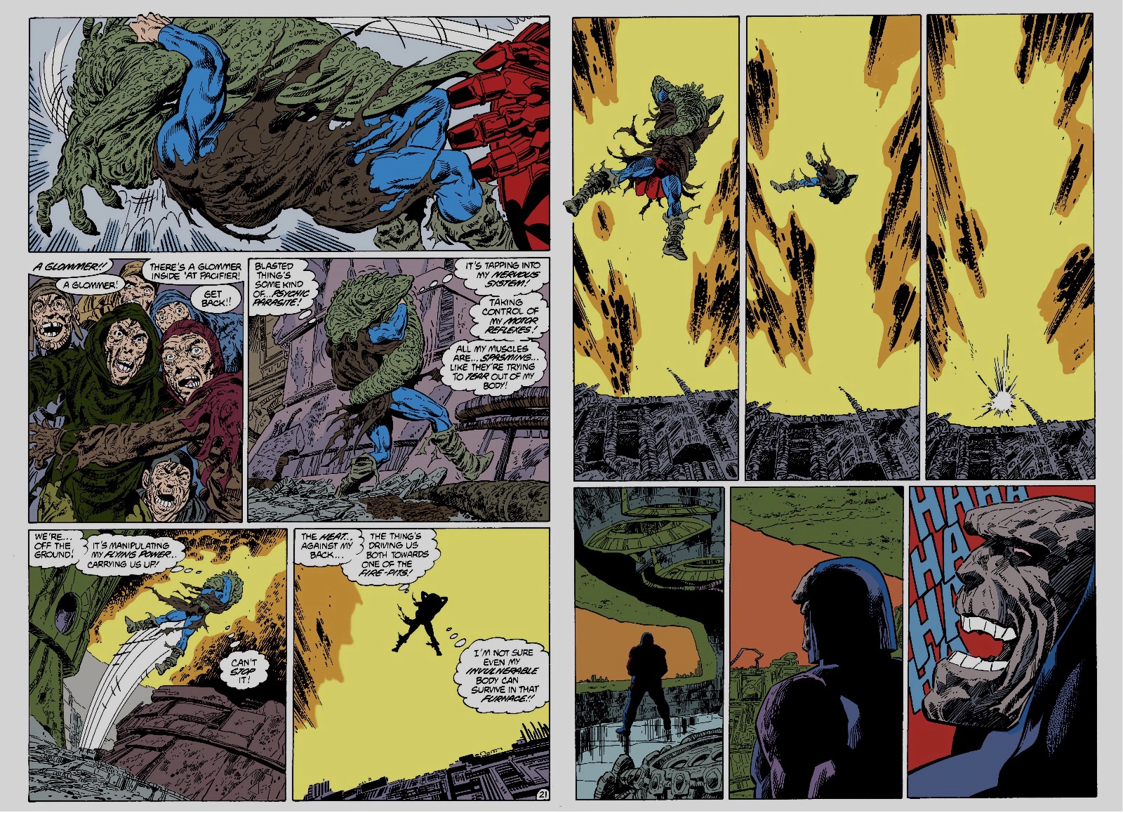 Superman gets attacked by a being that pushes him into the firepit of Apokolips