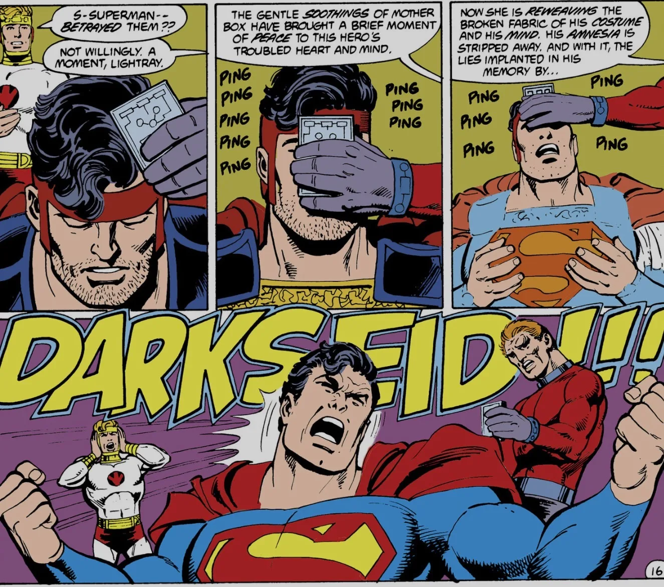 A sequence of panels shows Orion's Mother Box 'pinging' Superman's mind back together as he awakens roaring the name 'Darkseid.'