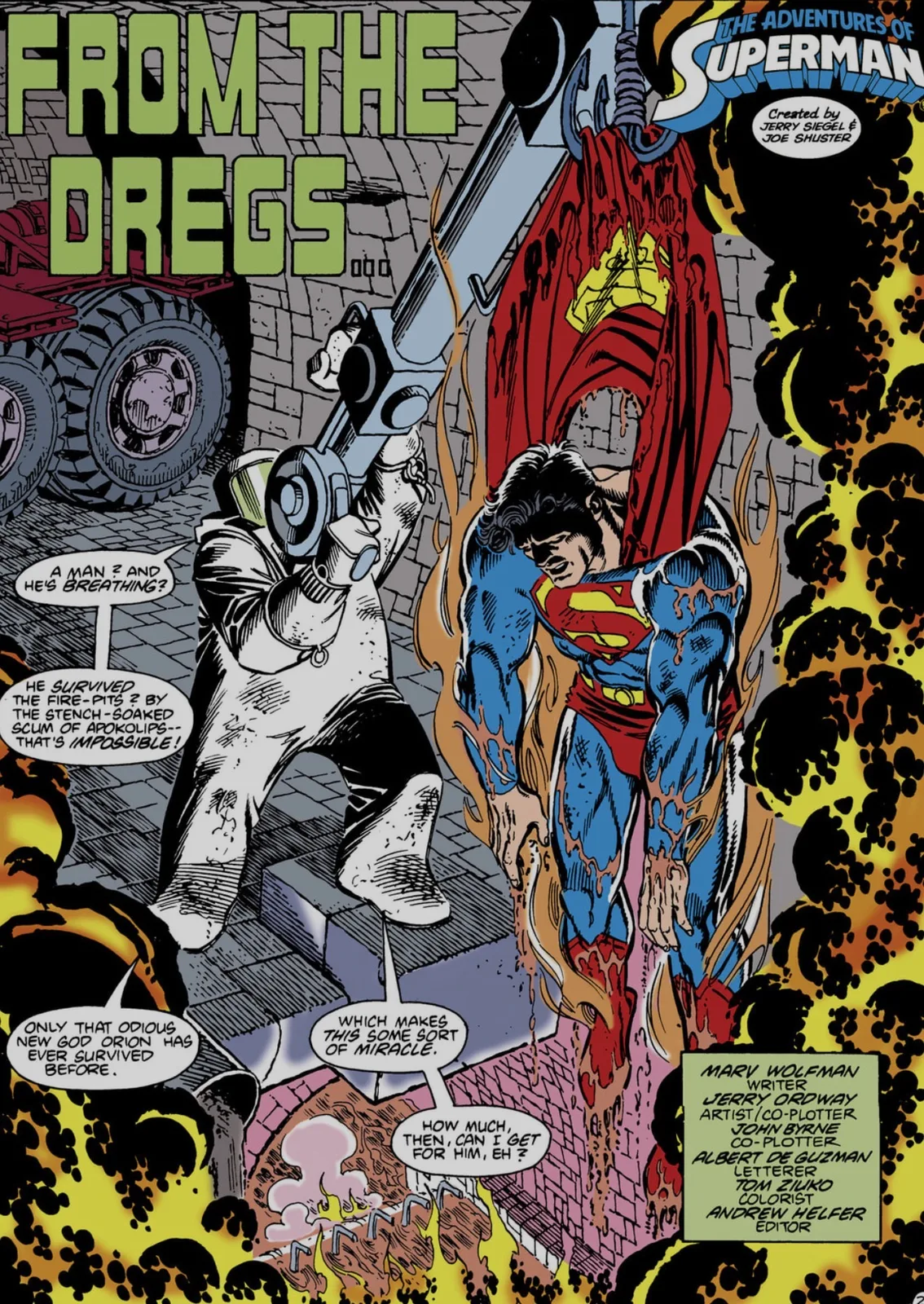 Splash page titled 'From the Dregs' showing a tattered, unconscious Superman being hauled from flames by a masked, gun-toting Hunger Dog.