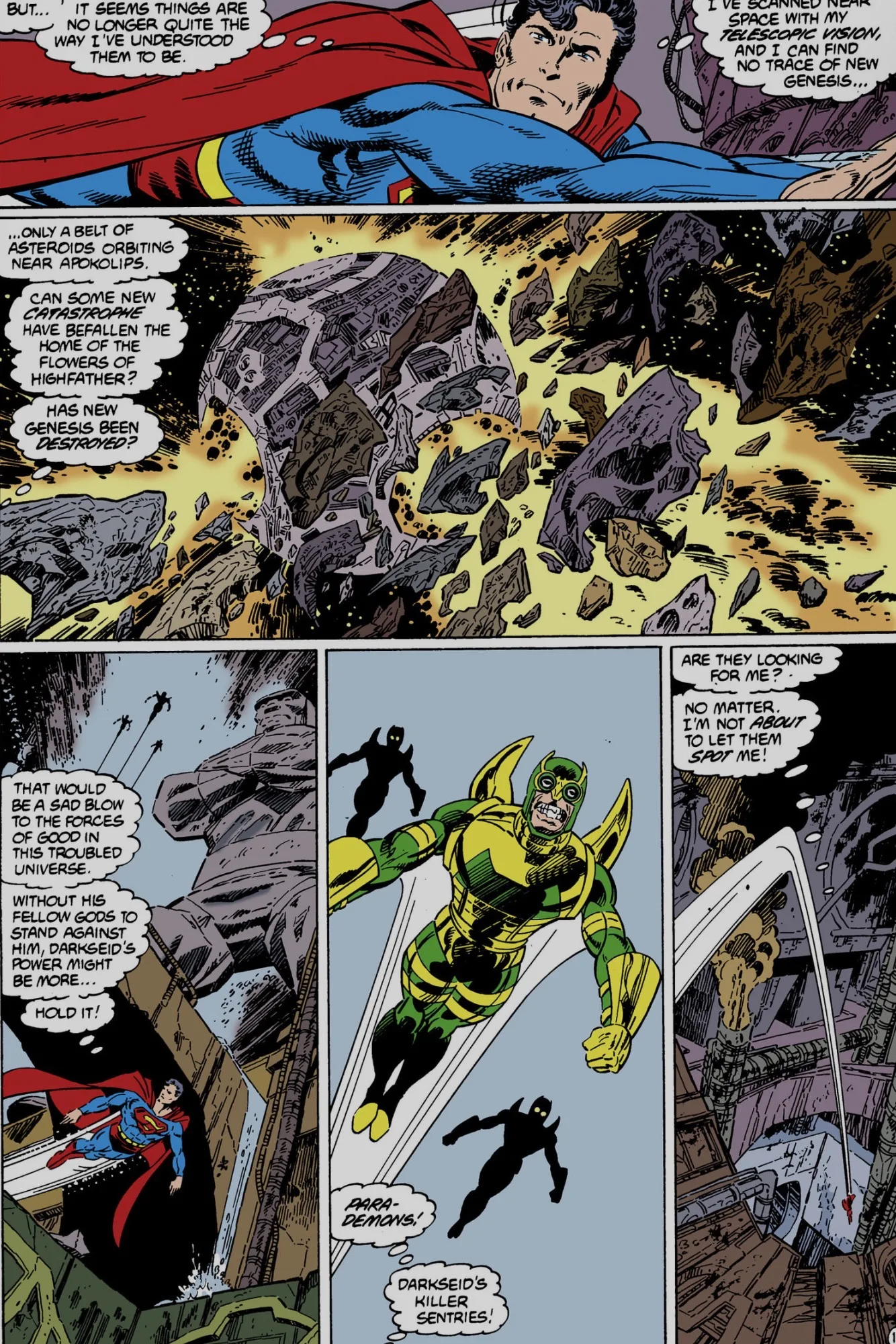 Superman soars through space above Apokolips amid drifting asteroids while winged Parademons close in.