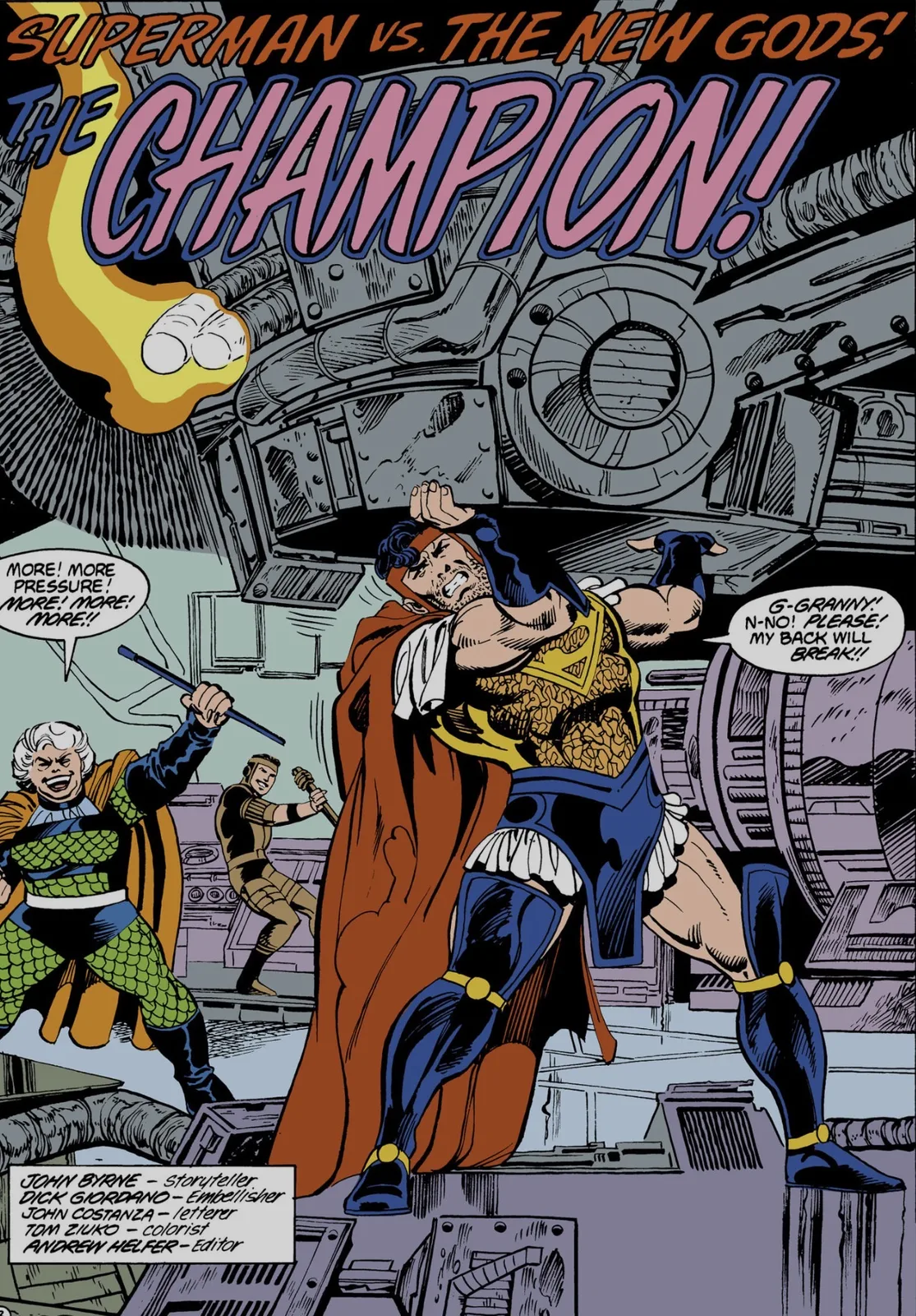 Splash page titled 'The Champion!' showing the brainwashed Superman in gladiator garb straining to hold up massive machinery while Granny Goodness urges more pressure.